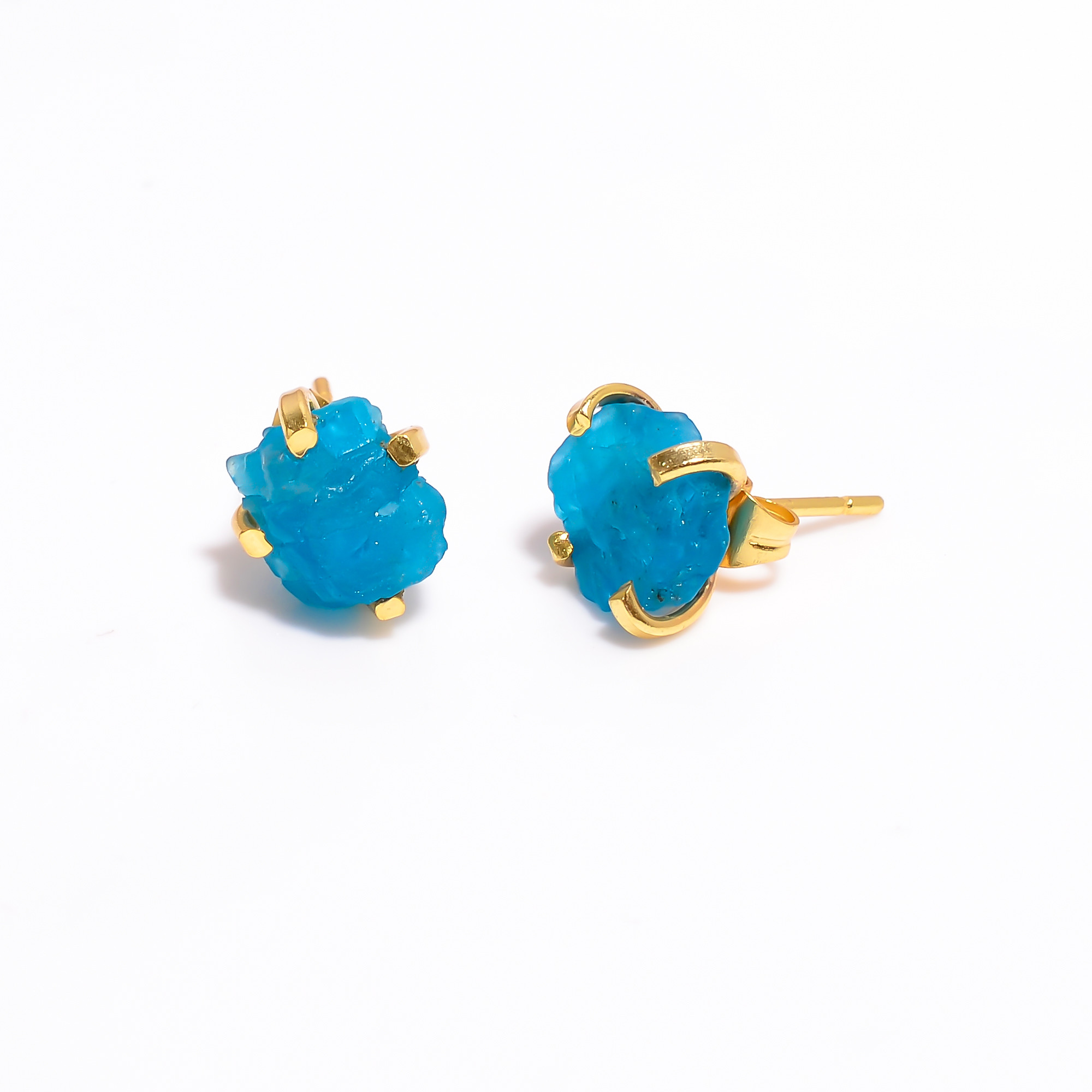18K Gold Plated Earrings Natural Rough Neon Apatite Gemstone Stud Earrings