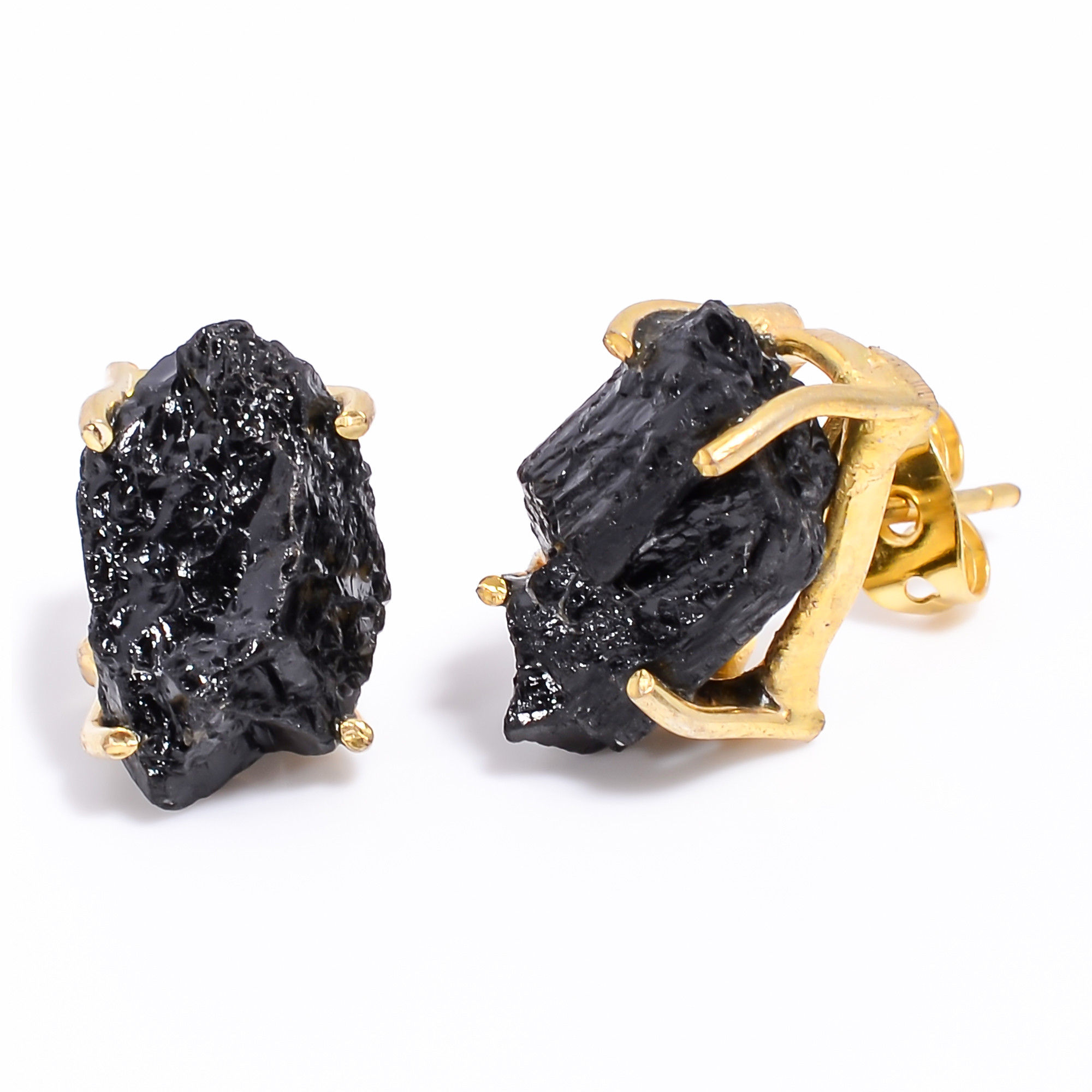 18K Gold Plated Earrings Natural Rough Black Tourmaline Gemstone Stud Earrings