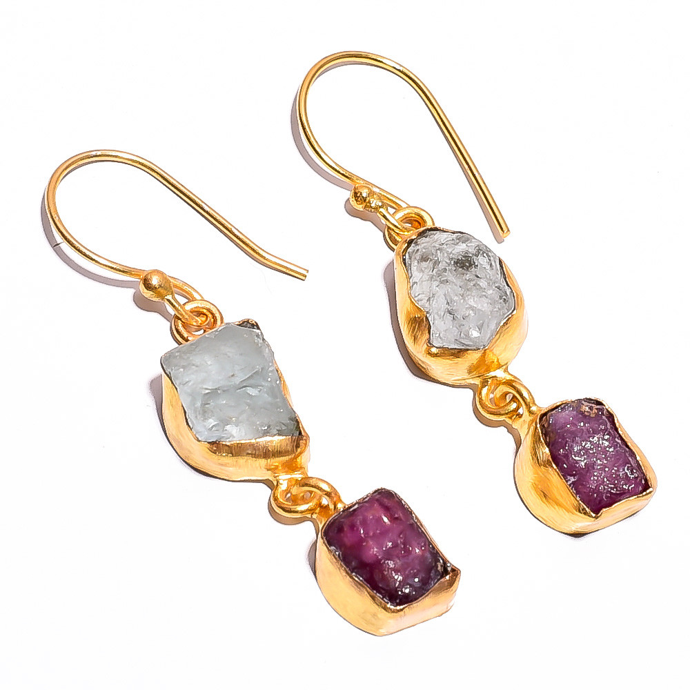 18K Gold Plated Earrings Natural Rough Aquamarine Ruby Gemstone Earrings