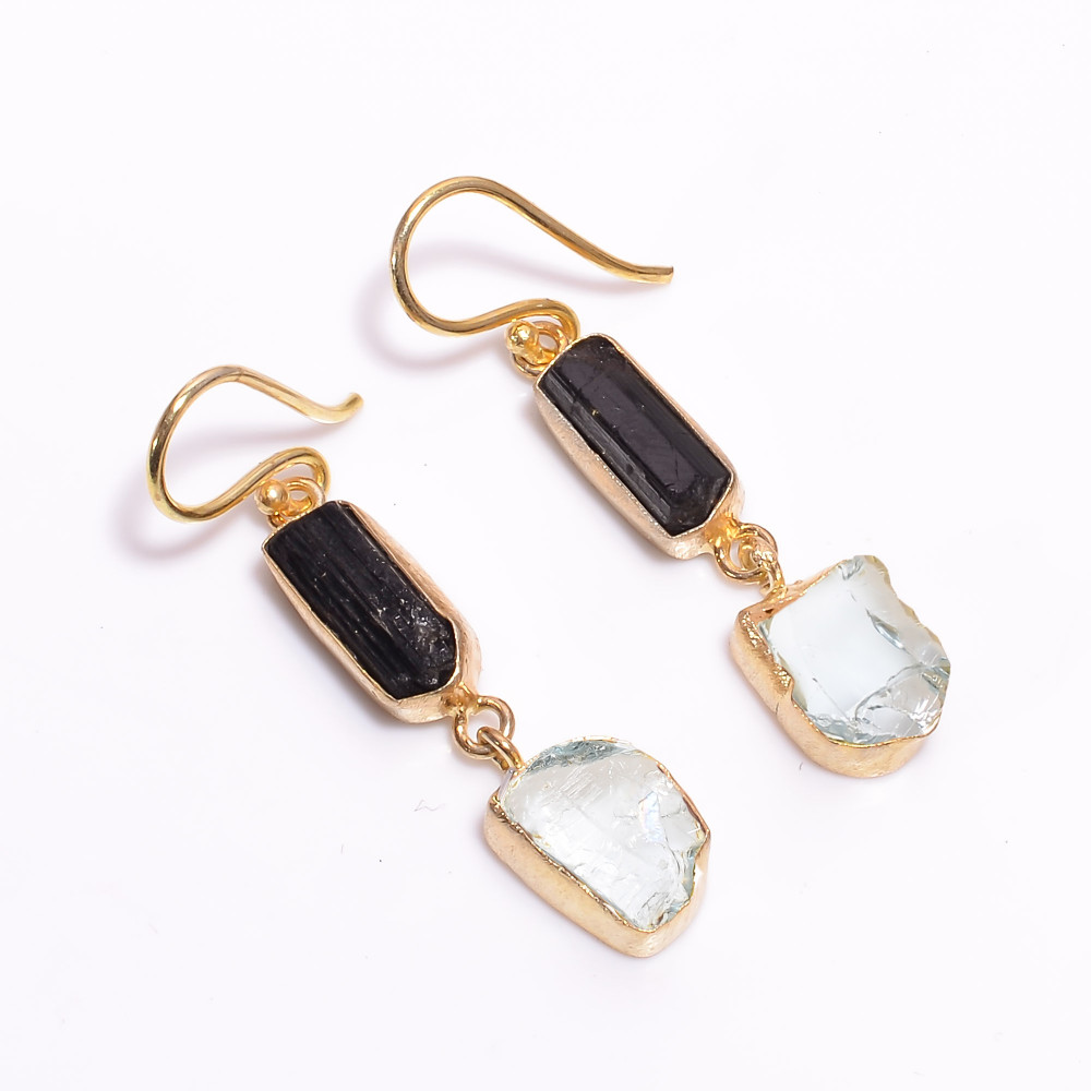 Image of 18K Gold Plated Brass Earrings Natural Rough Black Tourmaline Aquamarine Gemstone Earrings