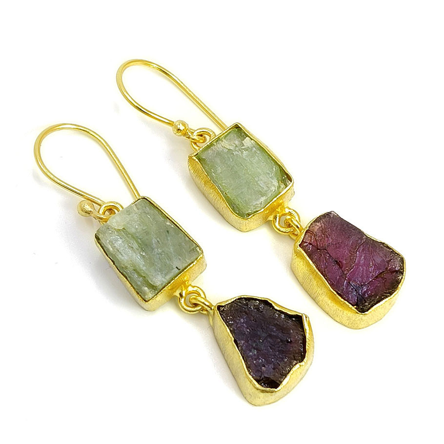 18K Gold Plated Earrings Natural Rough Green Kyanite Garnet Gemstone Earrings