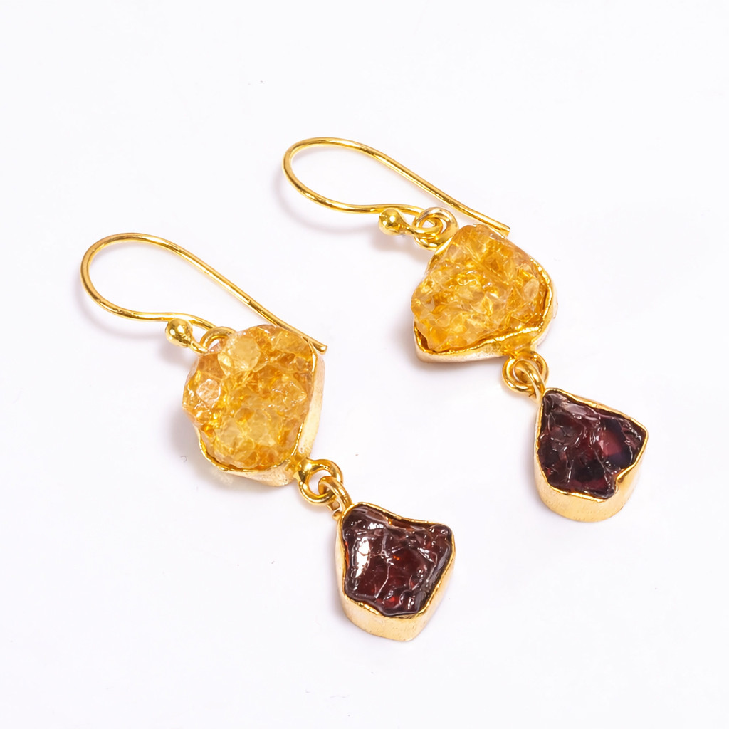 18K Gold Plated Earrings Natural Rough Citrine Garnet Gemstone Earrings