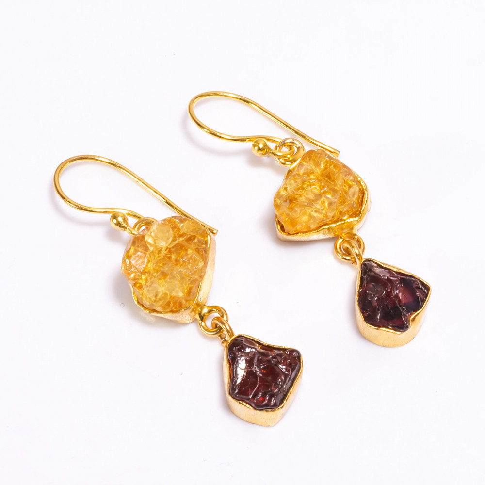 Image of 18K Gold Plated Earrings Natural Rough Citrine Garnet Gemstone Earrings