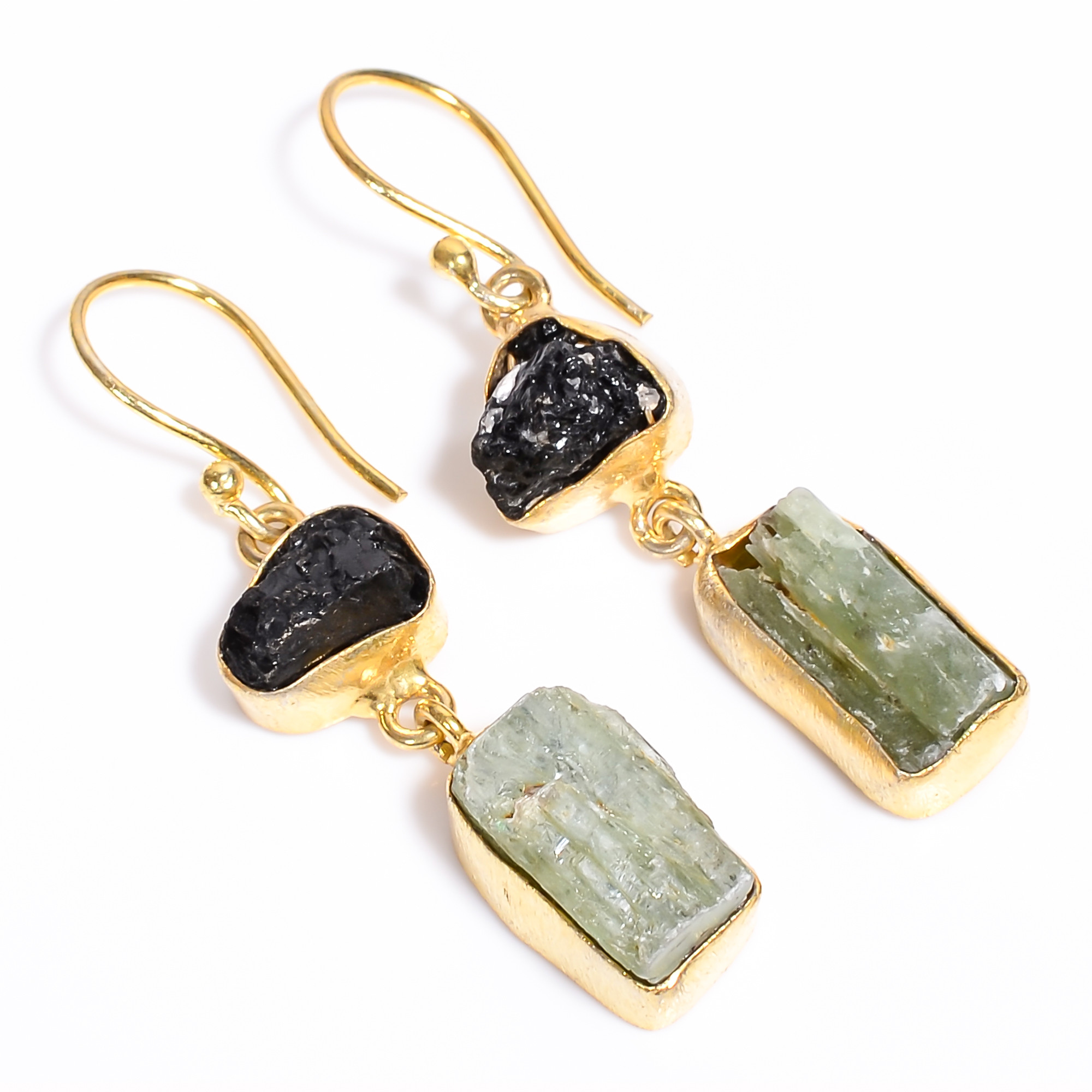 18K Gold Plated Brass Earrings Natural Rough Black Tourmaline Green Kyanite Gemstone Earrings