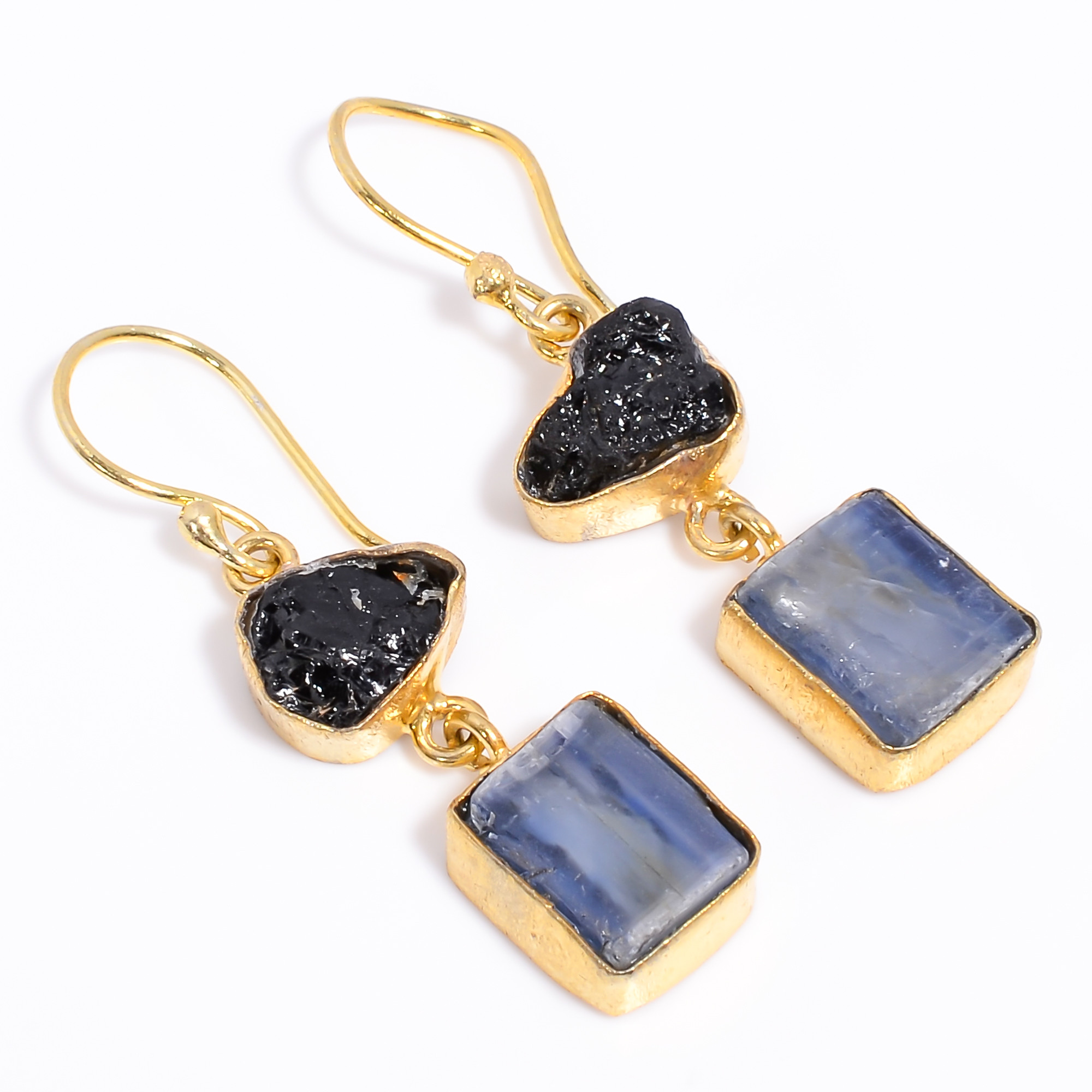 18K Gold Plated Earrings Natural Rough Black Tourmaline Blue Kyanite Gemstone Earrings