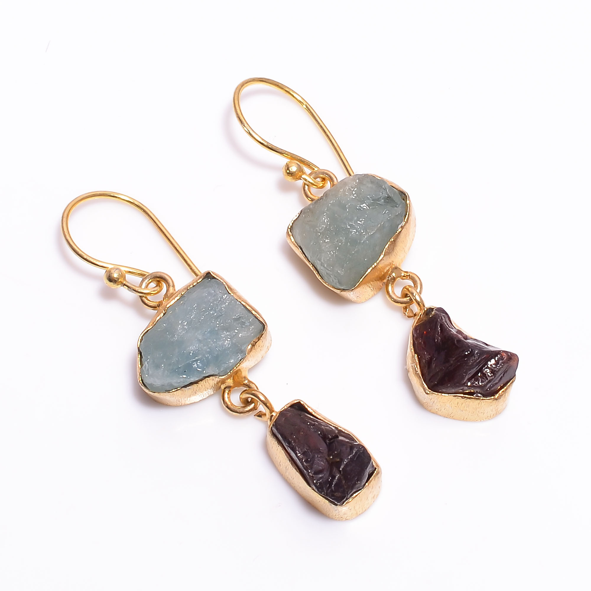 18K Gold Plated Earrings Natural Rough Aquamarine Garnet Gemstone Earrings