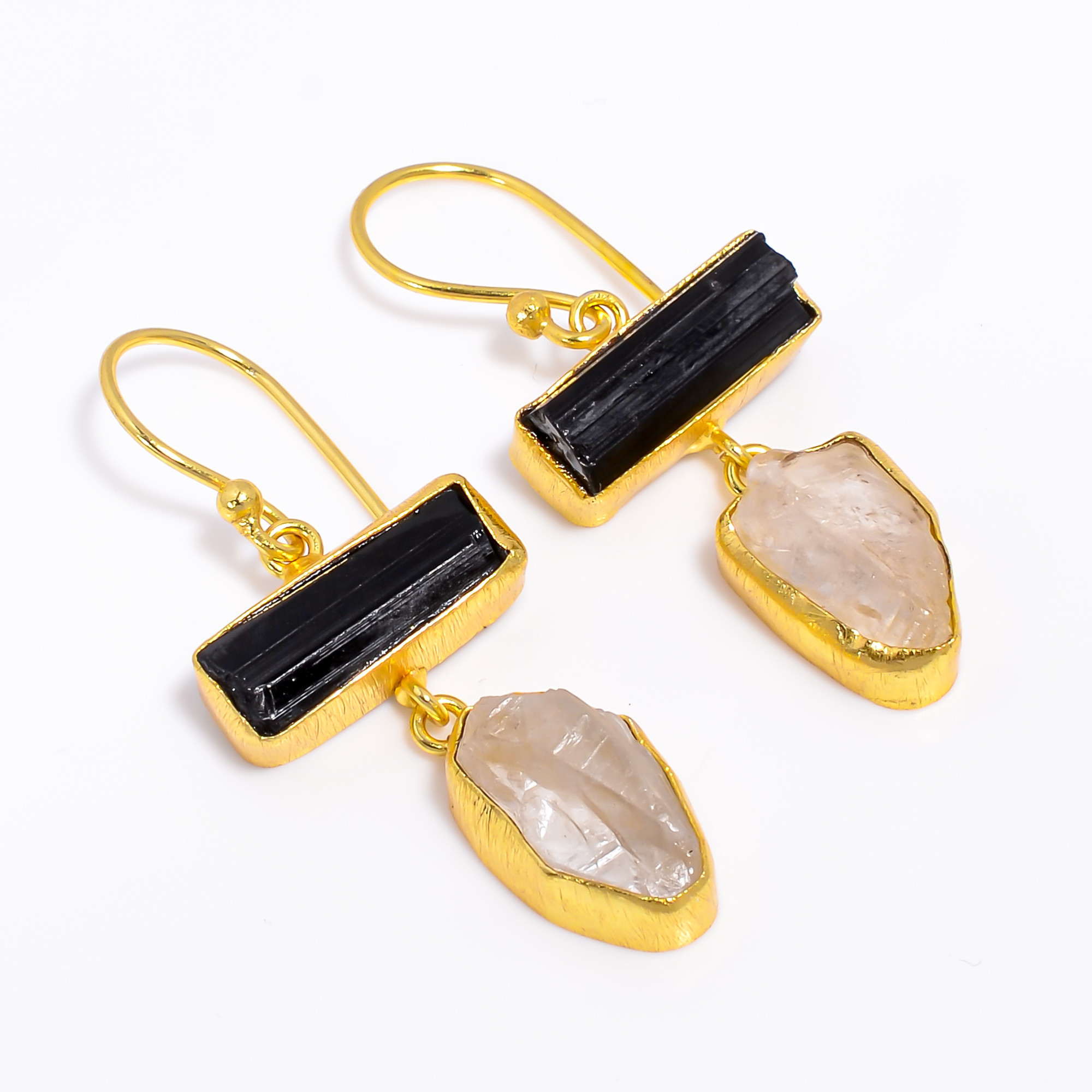 18K Gold Plated Earrings Natural Rough Black Tourmaline Crystal Gemstone Earrings