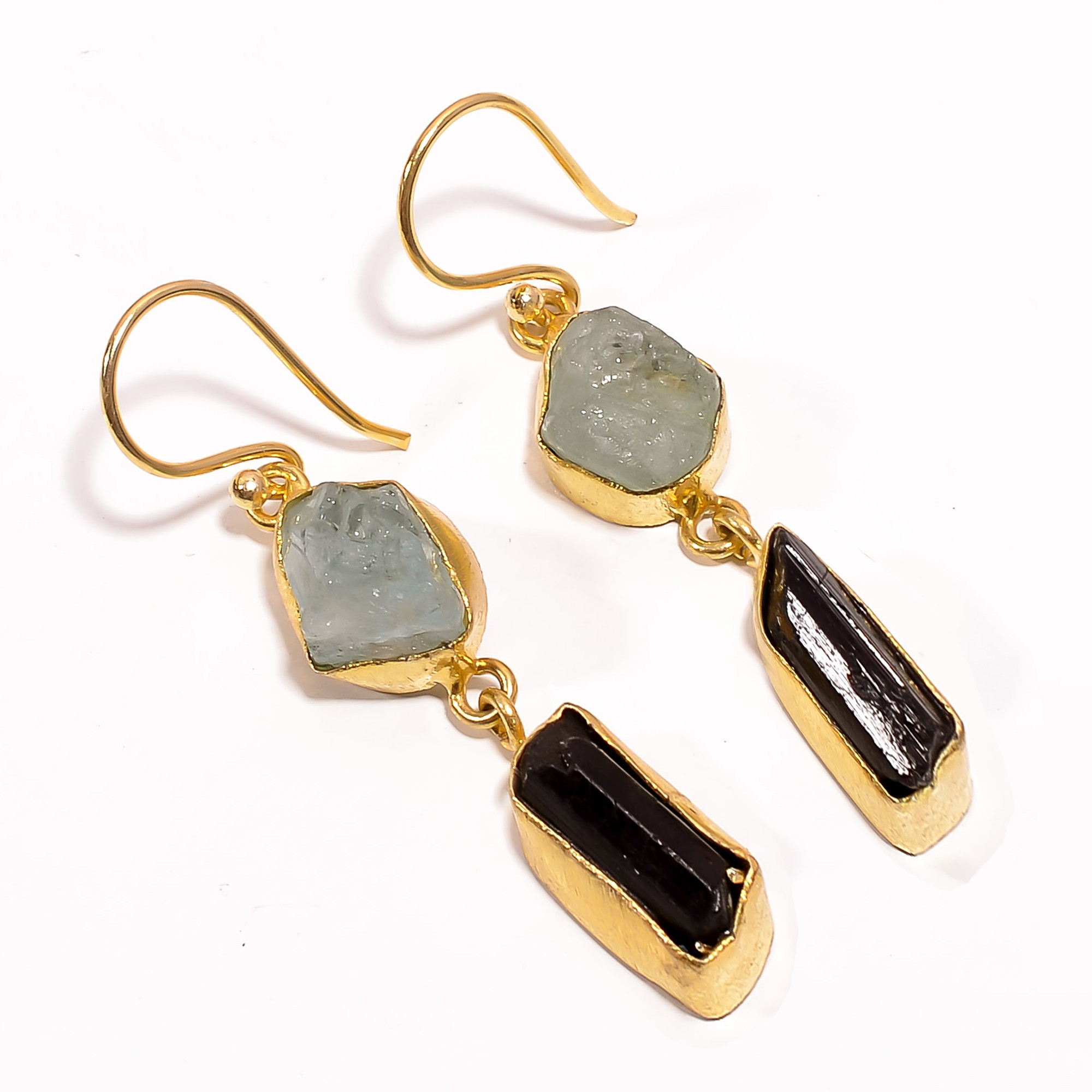 18K Gold Plated Earrings Natural Rough Aquamarine Black Tourmaline Gemstone Earrings