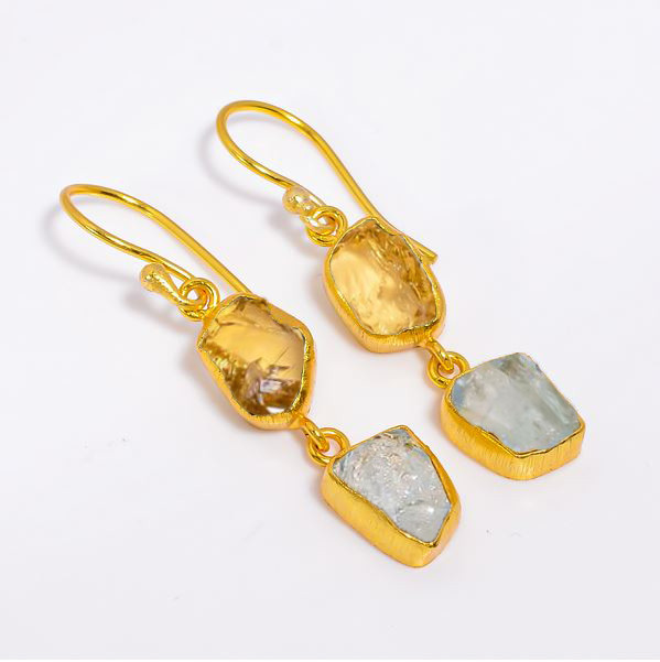 18K Gold Plated Earrings Natural Rough Citrine Aquamarine Gemstone Earrings