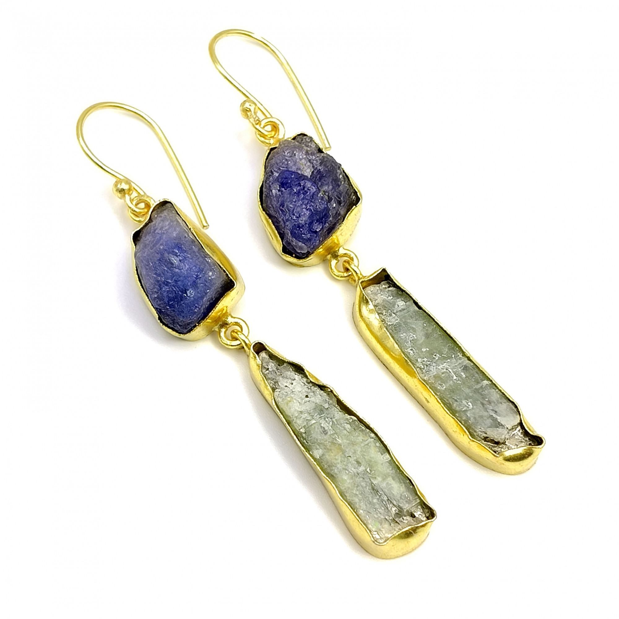 Natural Raw Tanzanite Green Kyanite Gemstone 18K Gold Plated Earrings