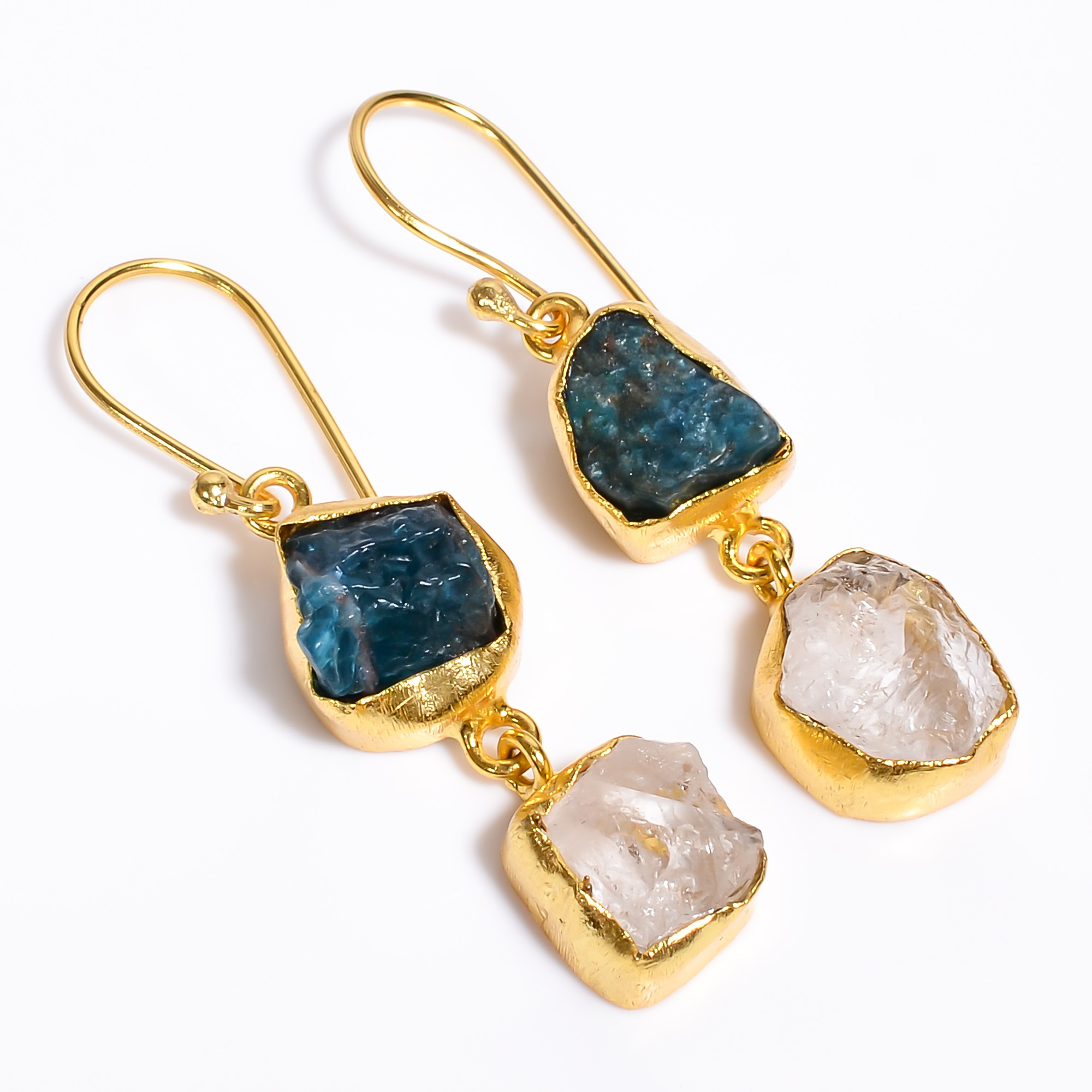 18K Gold Plated Earrings Natural Rough Neon Apatite Crystal Gemstone Earrings