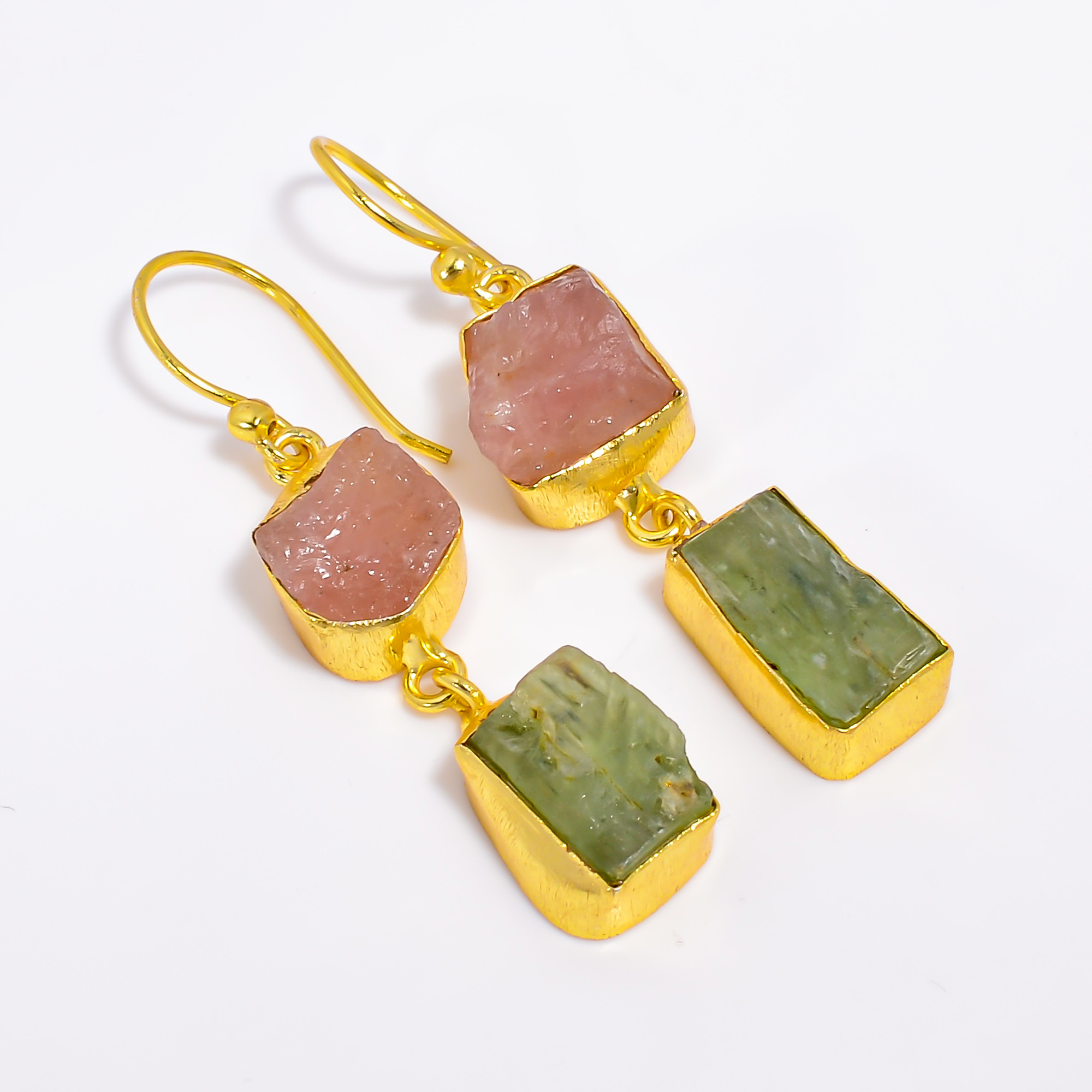 18K Gold Plated Earrings Natural Rough Rose Quartz Green Kyanite Gemstone Earrings