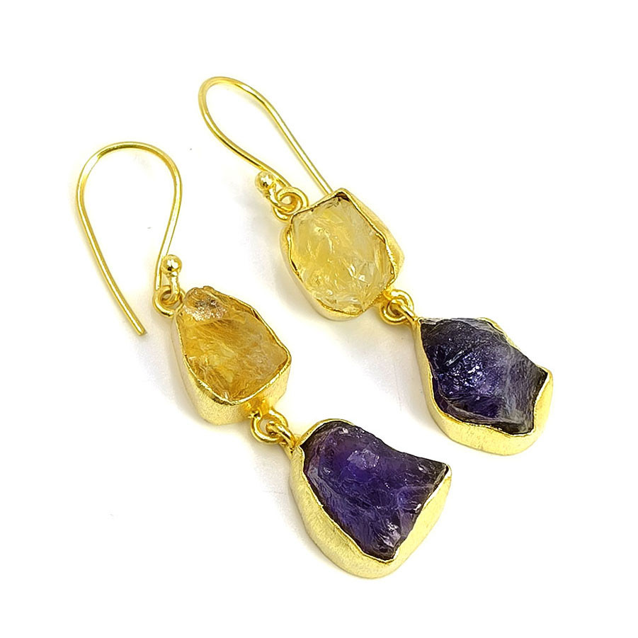 Natural Raw Citrine Amethyst Gemstone 18K Gold Plated Earrings