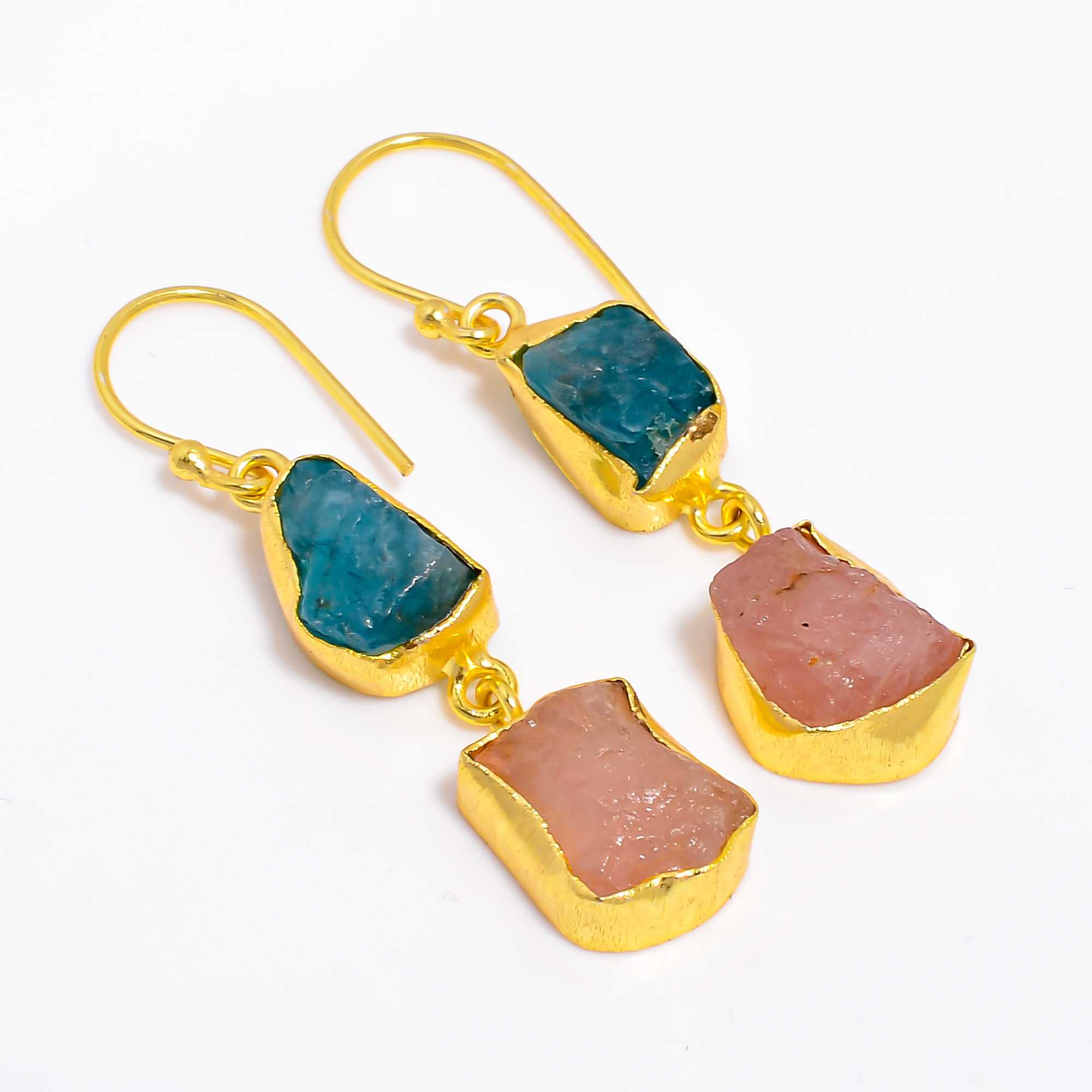 18K Gold Plated Earrings Natural Rough Sky Apatite Rose Quartz Gemstone Earrings
