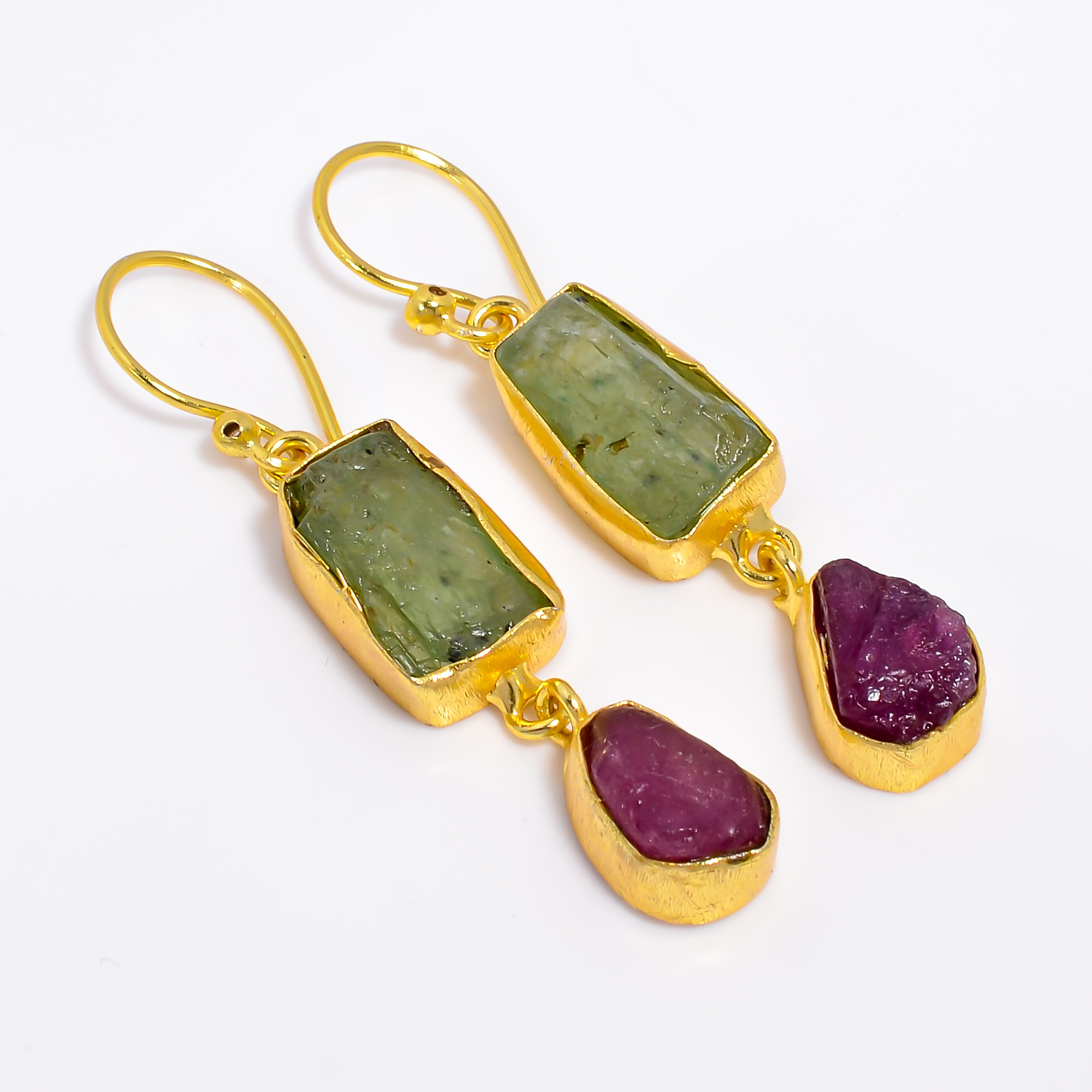18K Gold Plated Earrings Natural Rough Green Kyanite Ruby Gemstone Earrings