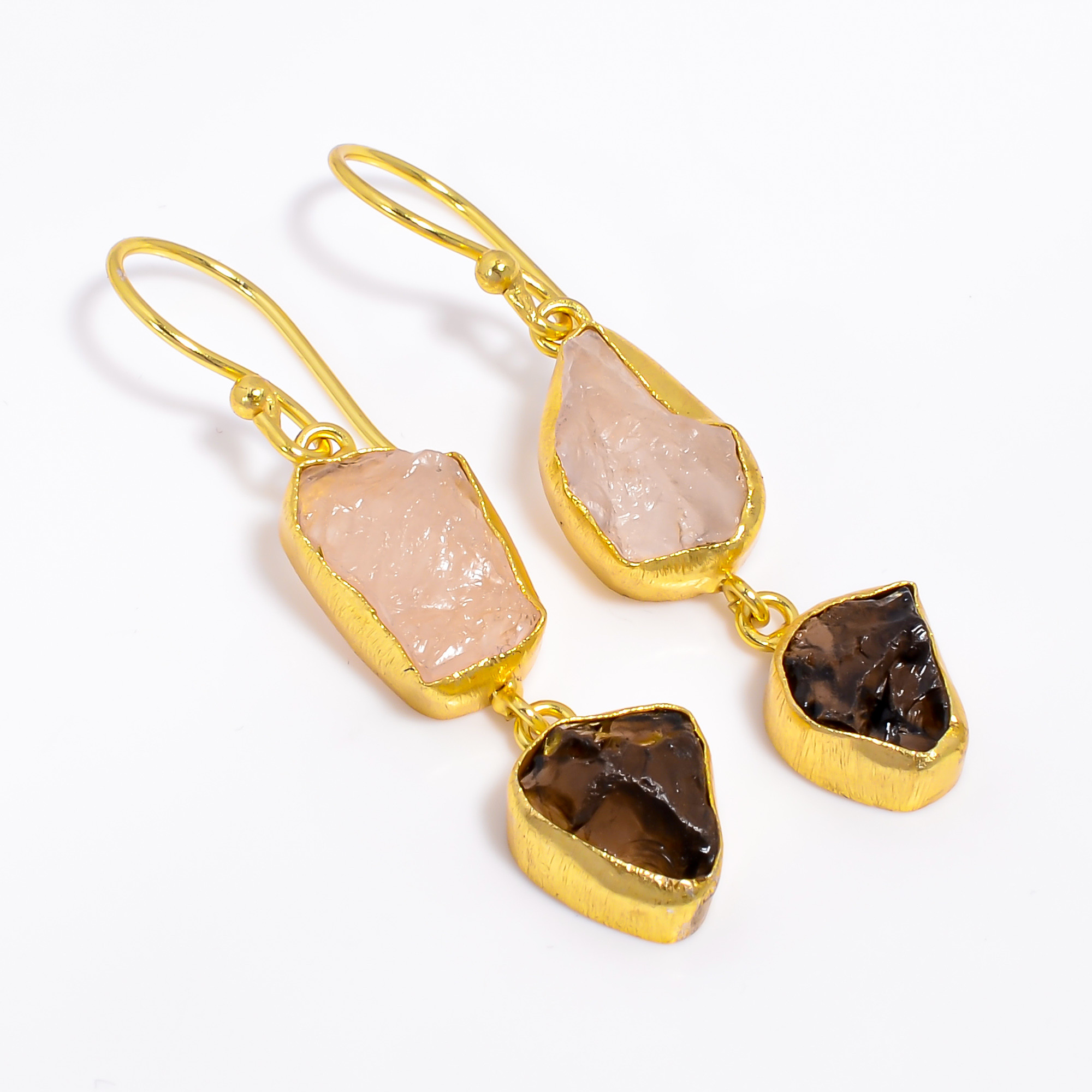 18K Gold Plated Earrings Natural Rough Rose Quartz Smoky Gemstone Earrings