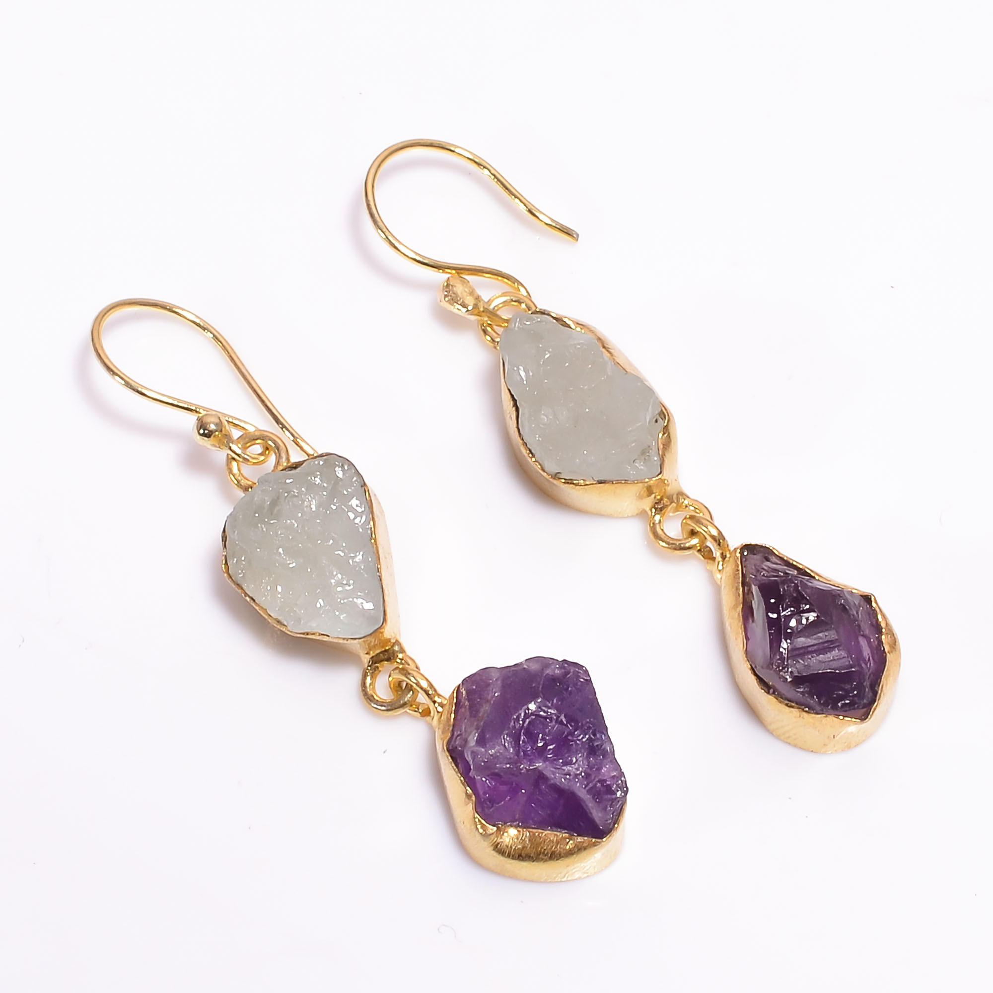 18K Gold Plated Earrings Natural Rough Aquamarine Amethyst Gemstone Earrings