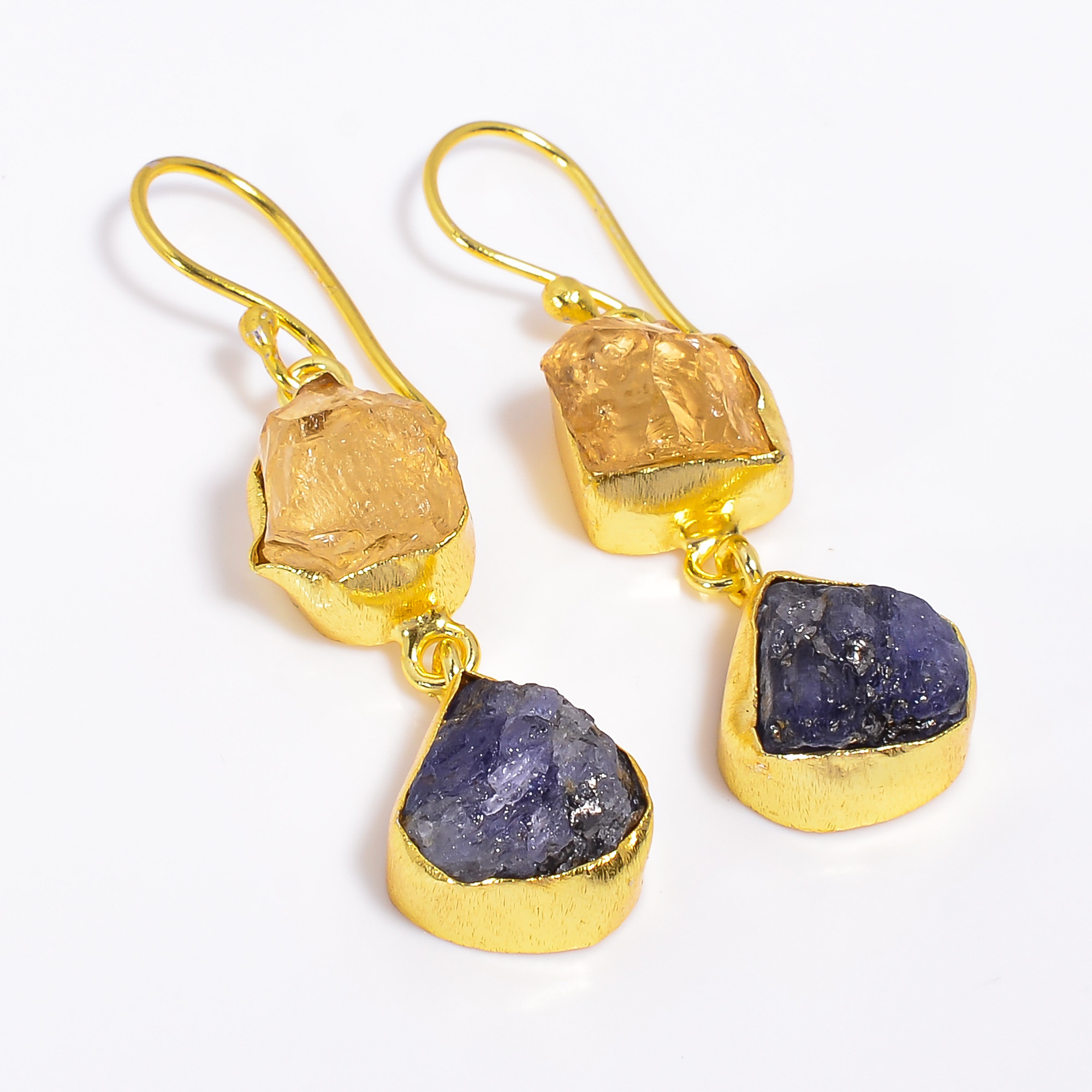 18K Gold Plated Earrings Natural Rough Citrine Tanzanite Gemstone Earrings