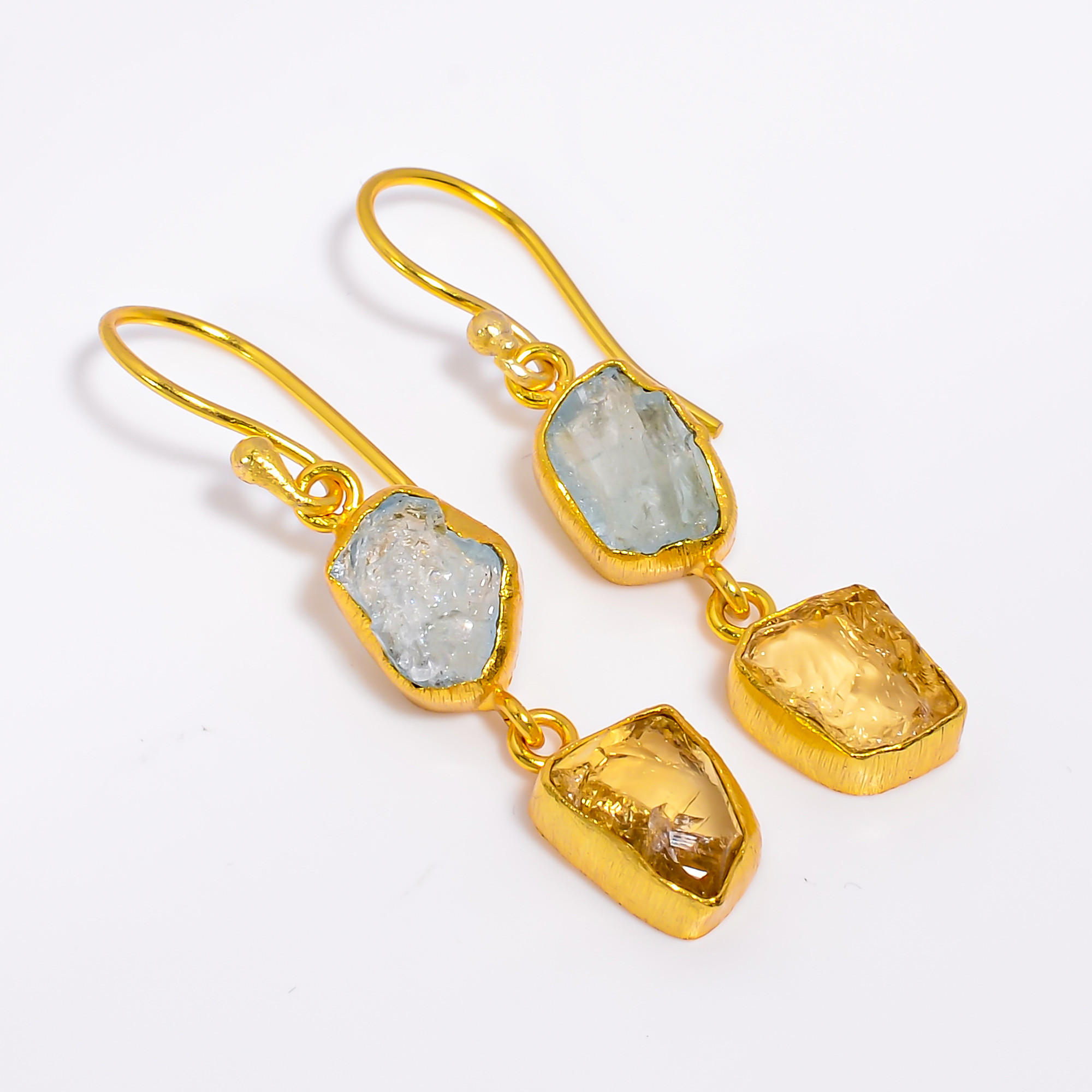 18K Gold Plated Earrings Natural Rough Aquamarine Citrine Gemstone Earrings