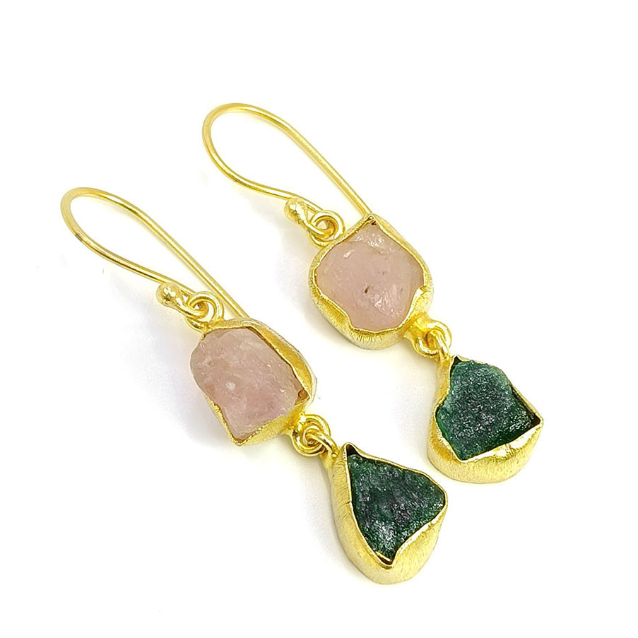 Natural Raw Rose Quartz Gemstone 18K Gold Plated Earrings