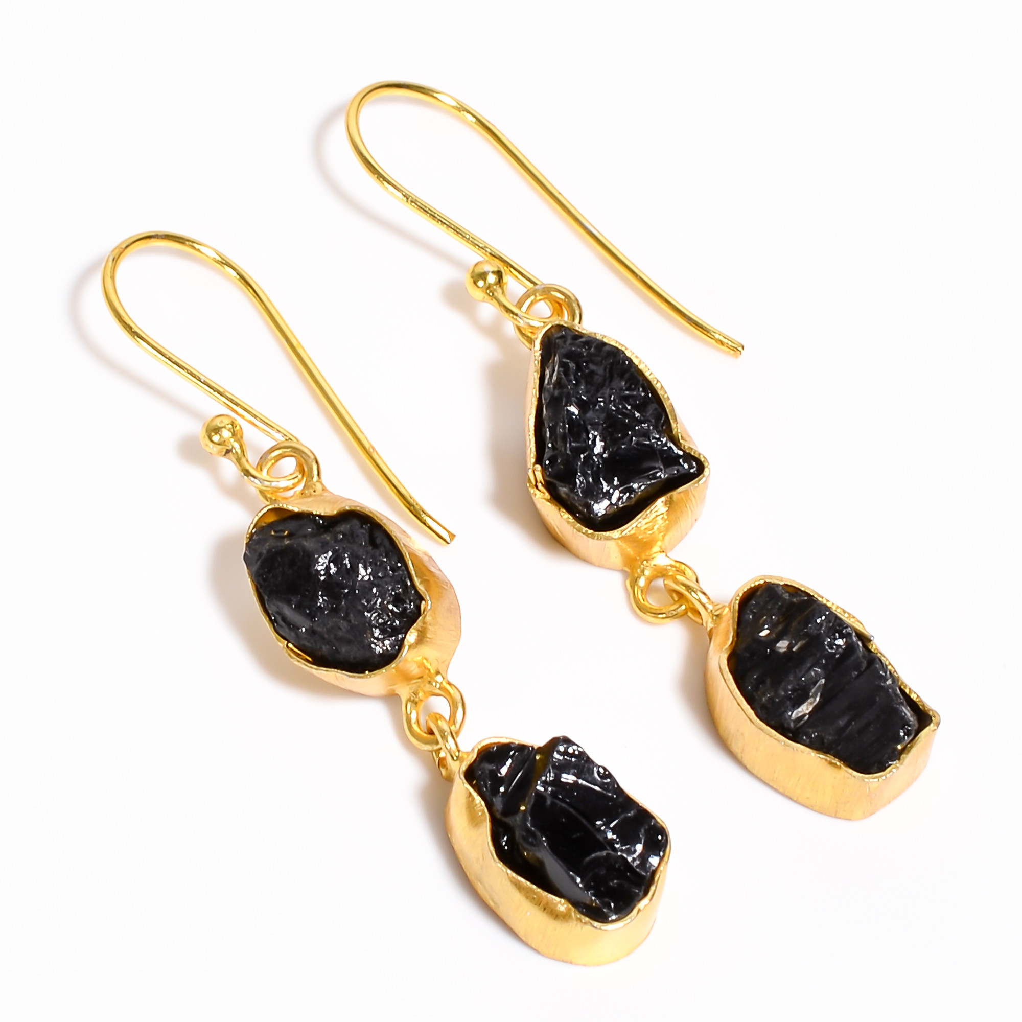 18K Gold Plated Earrings Natural Rough Black Tourmaline Gemstone Earrings
