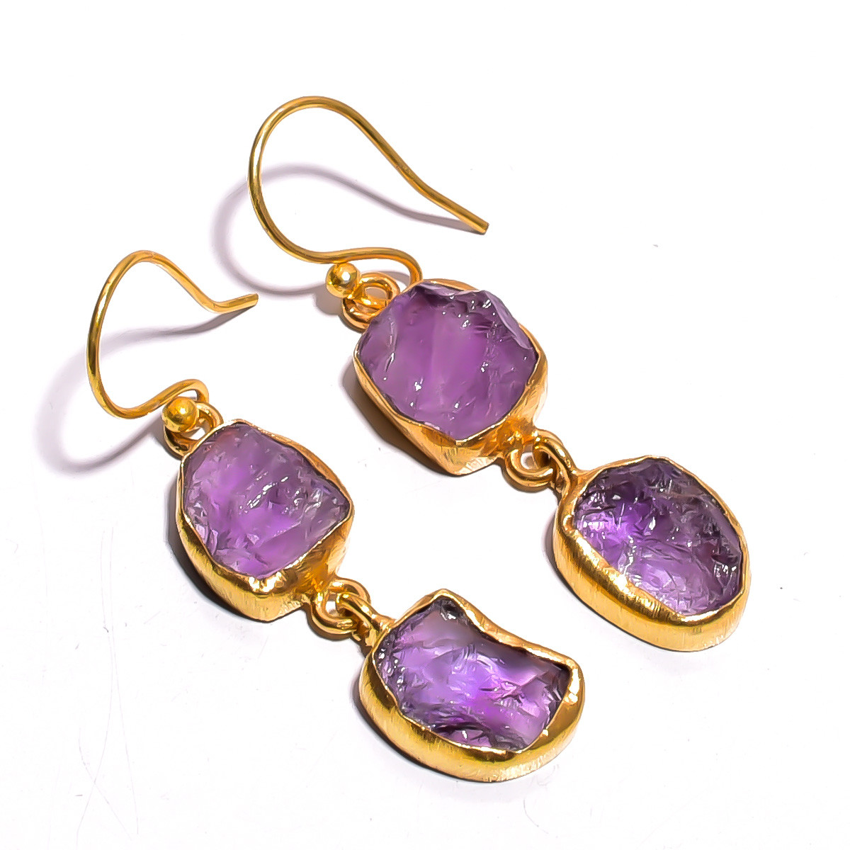 18K Gold Plated Earrings Natural Rough Amethyst Gemstone Earrings