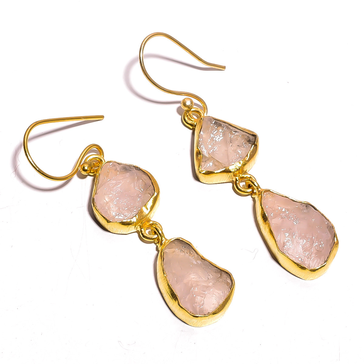 18K Gold Plated Earrings Natural Rough Rose Quartz Gemstone Earrings