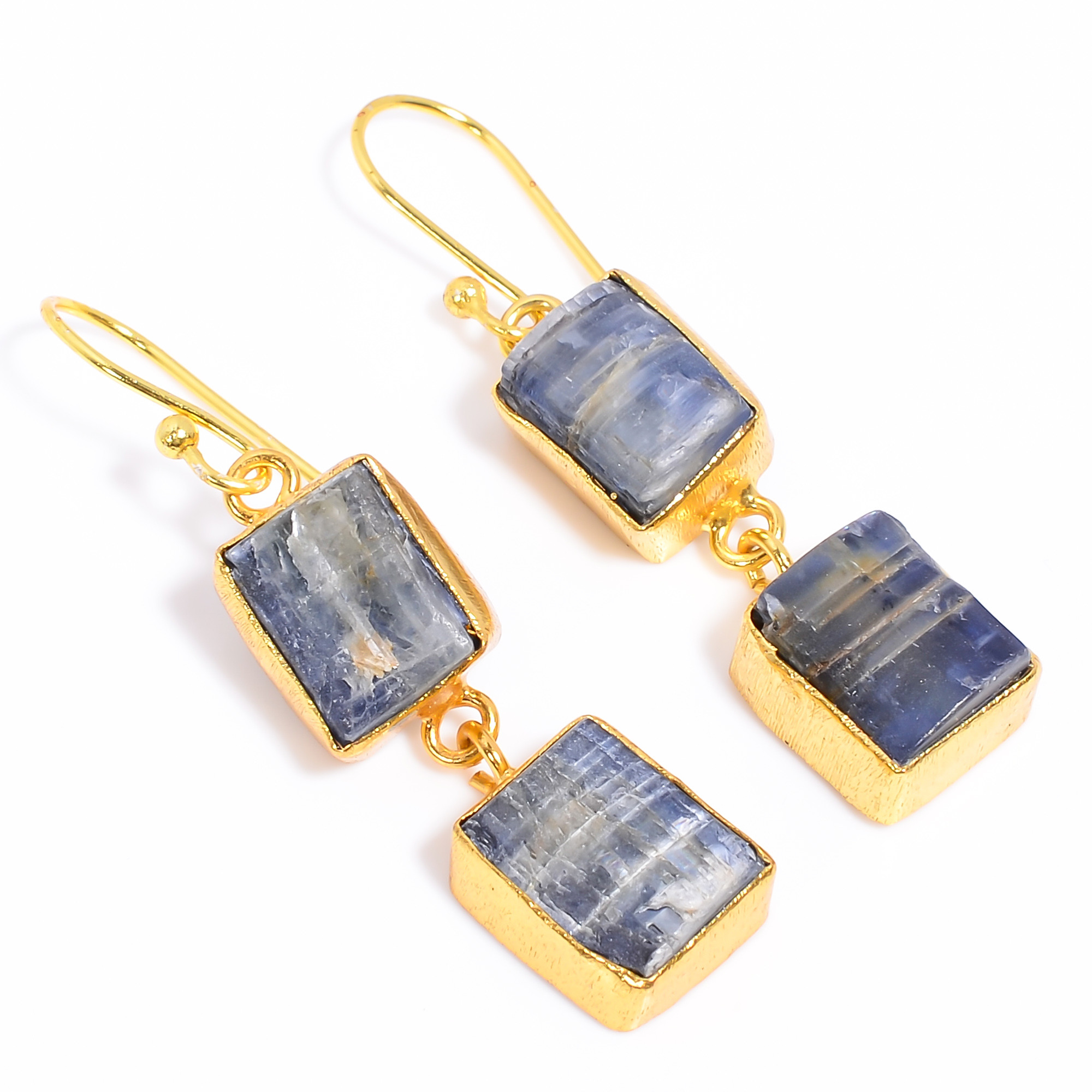 18K Gold Plated Brass Earrings Natural Rough Blue Kyanite Gemstone Earrings