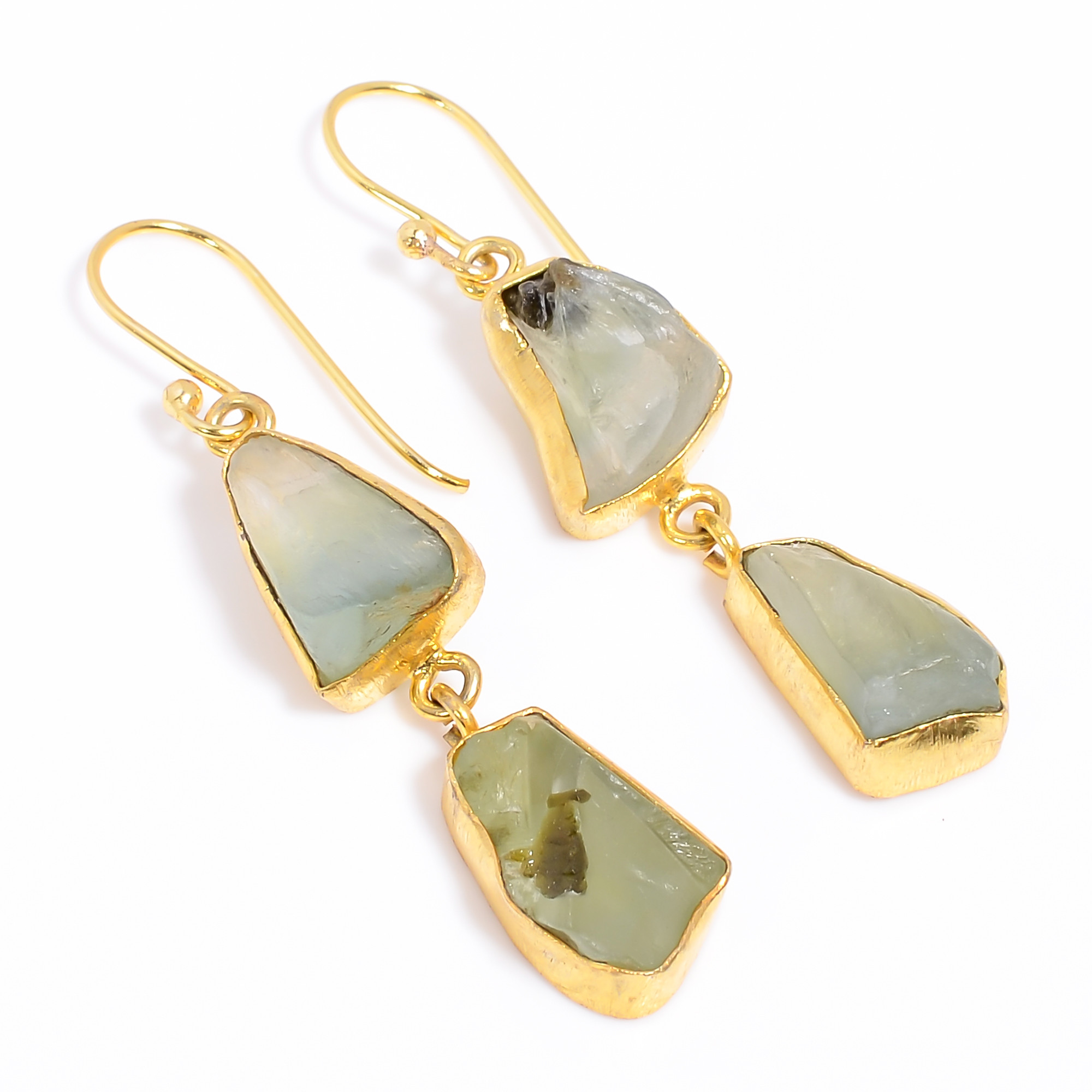 18K Gold Plated Earrings Natural Rough Prehnite Gemstone Earrings