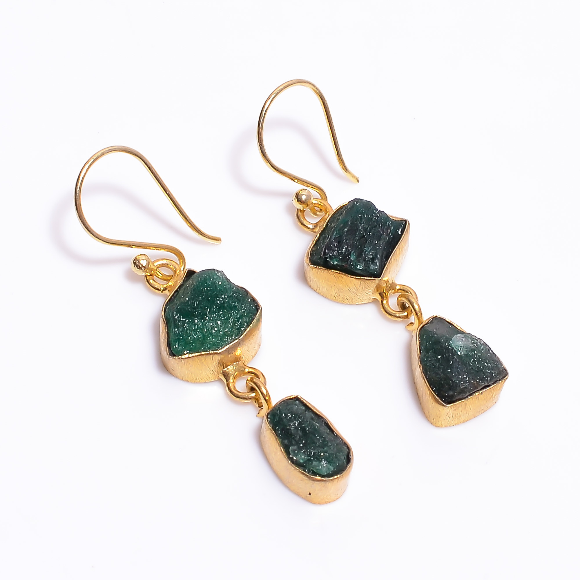 18K Gold Plated Earrings Natural Rough Green Aventurine Gemstone Earrings
