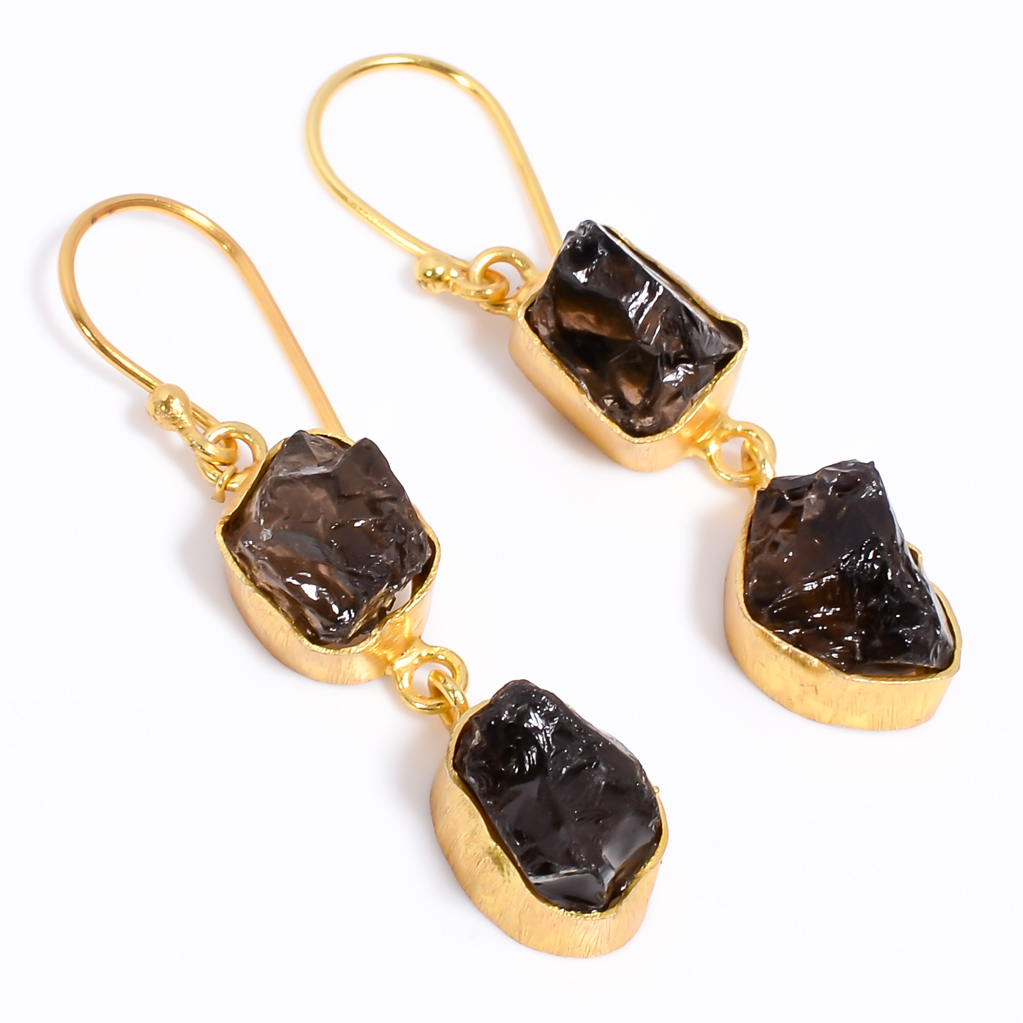 18K Gold Plated Brass Earrings Natural Rough Smoky Gemstone Earrings