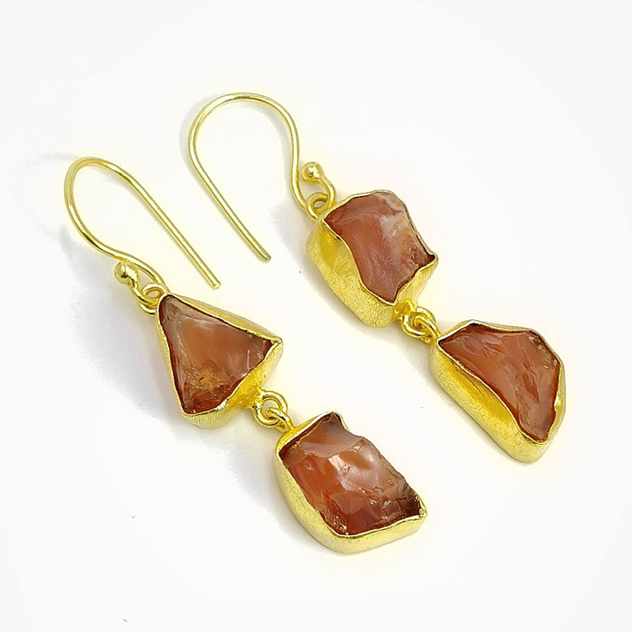 Natural Raw Carnelian Gemstone 18K Gold Plated Earrings