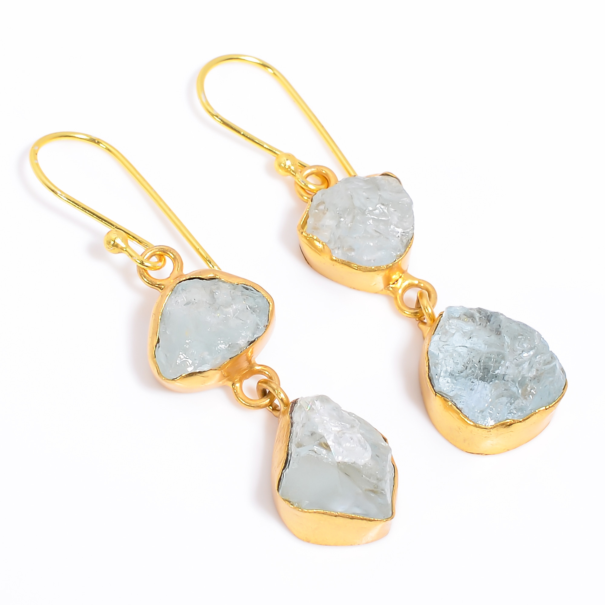 18K Gold Plated Earrings Natural Rough Aquamarine Gemstone Earrings