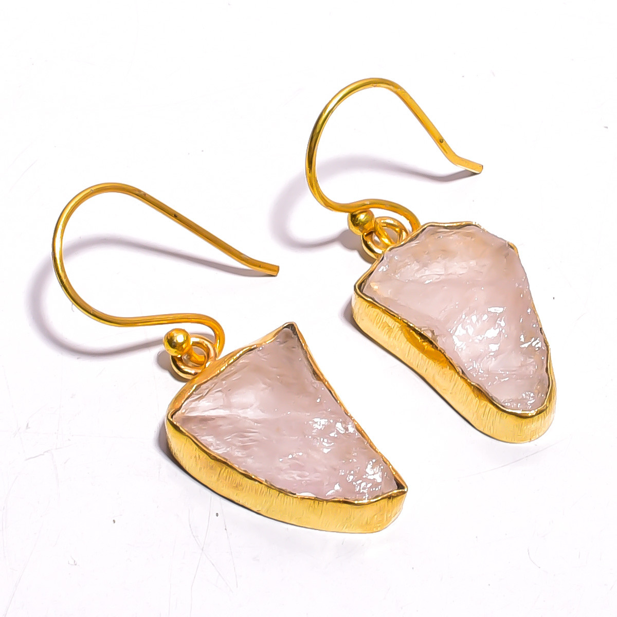 18K Gold Plated Earrings Natural Rough Rose Quartz Gemstone Earrings