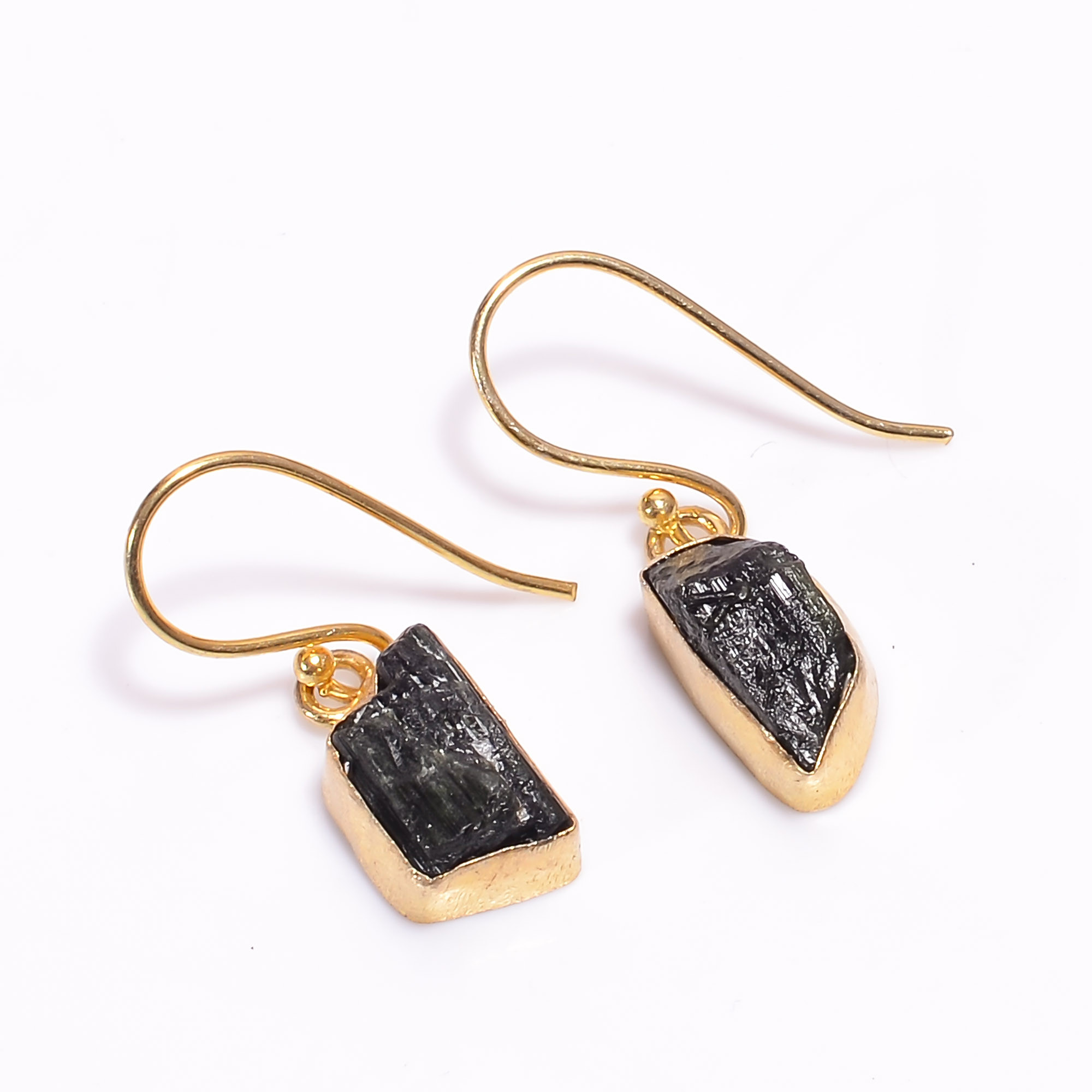 18K Gold Plated Earrings Natural Rough Black Tourmaline Gemstone Earrings