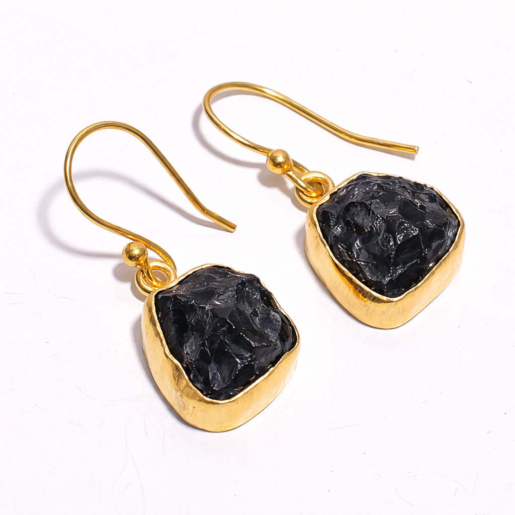 18K Gold Plated Earrings Natural Rough Black Tourmaline Gemstone Earrings