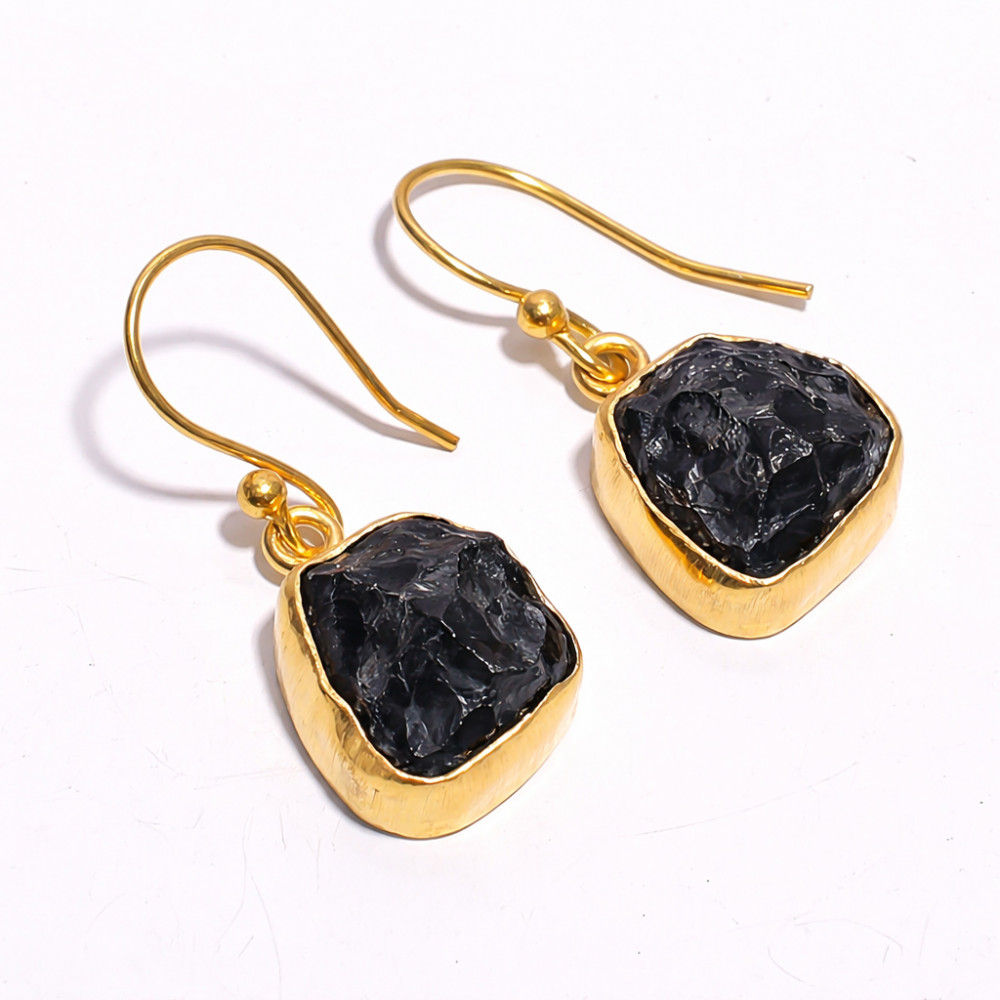 Image of 18K Gold Plated Earrings Natural Rough Black Tourmaline Gemstone Earrings