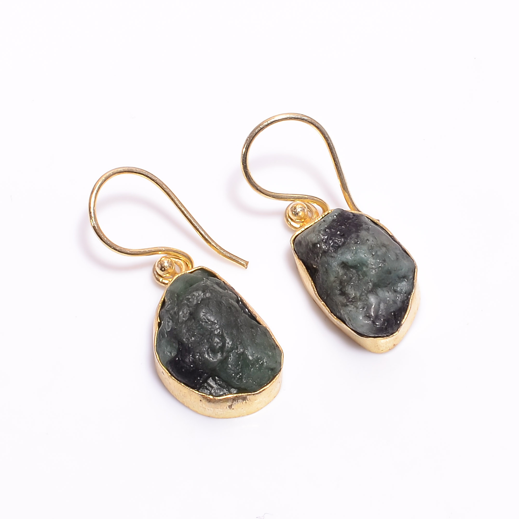 18K Gold Plated Earrings Natural Rough Emerald Gemstone Earrings