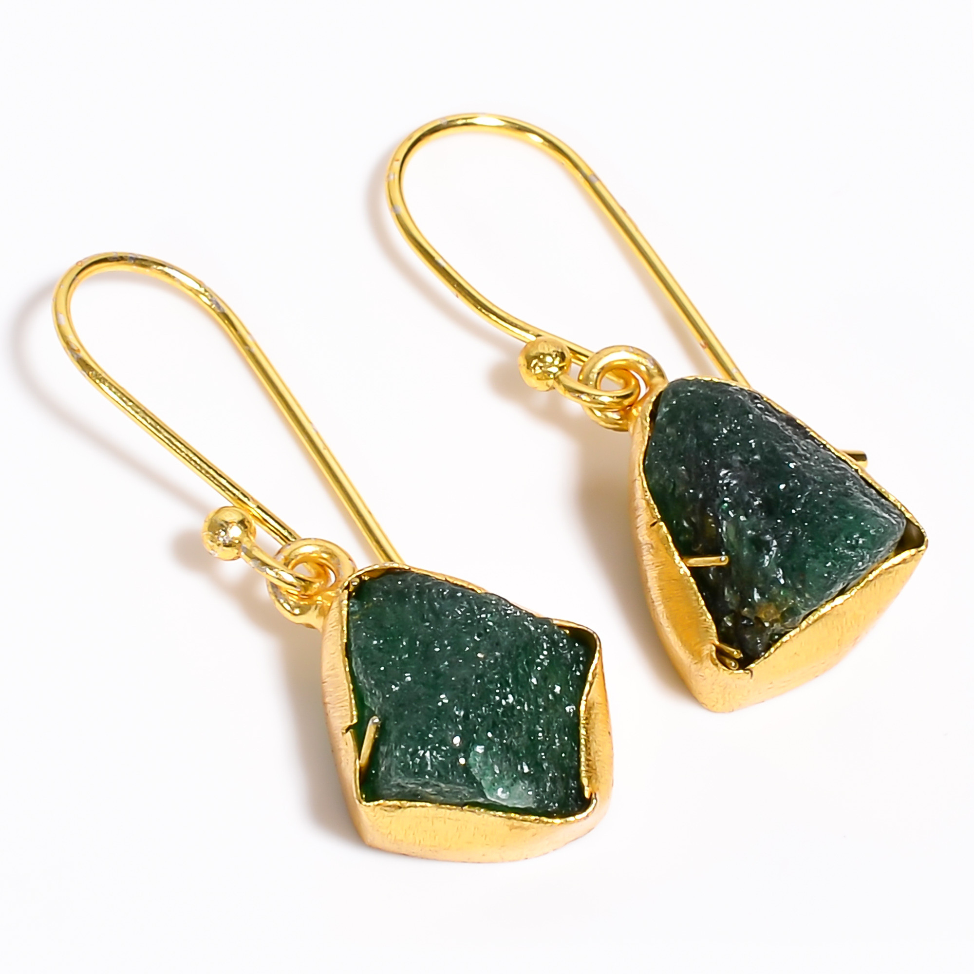 18K Gold Plated Earrings Natural Rough Green Aventurine Gemstone Earrings