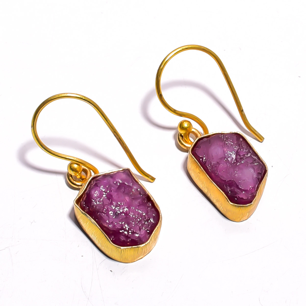 18K Gold Plated Brass Earrings Rough Ruby Gemstone Earrings