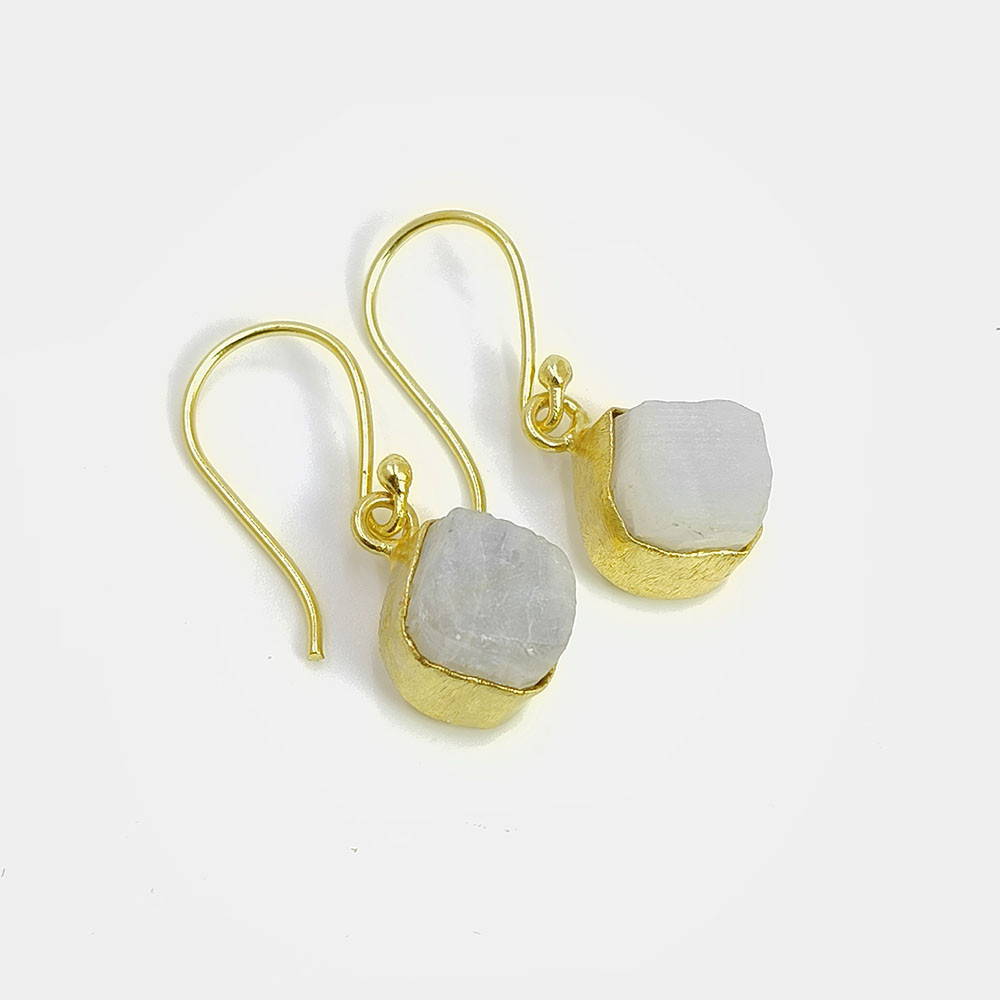Natural Raw Rainbow Moonstone 18K Gold Plated Earrings