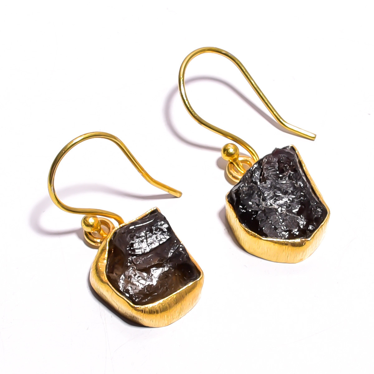 18K Gold Plated Earrings Natural Rough Smoky Gemstone Earrings