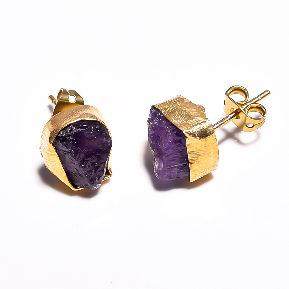 18K Gold Plated Earrings Natural Rough Amethyst Gemstone Stud Earrings
