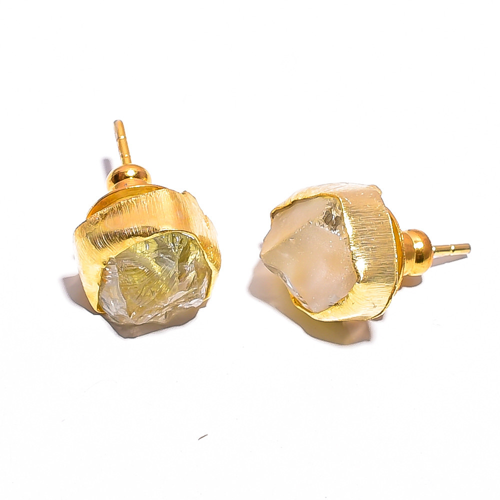 18K Gold Plated Earrings Natural Rough Green Amethyst Gemstone Stud Earrings