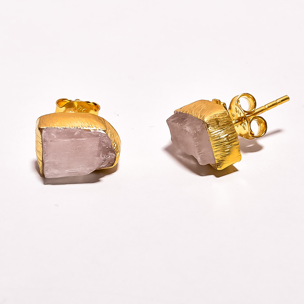 18K Gold Plated Earrings Natural Rough Rose Quartz Gemstone Stud Earrings