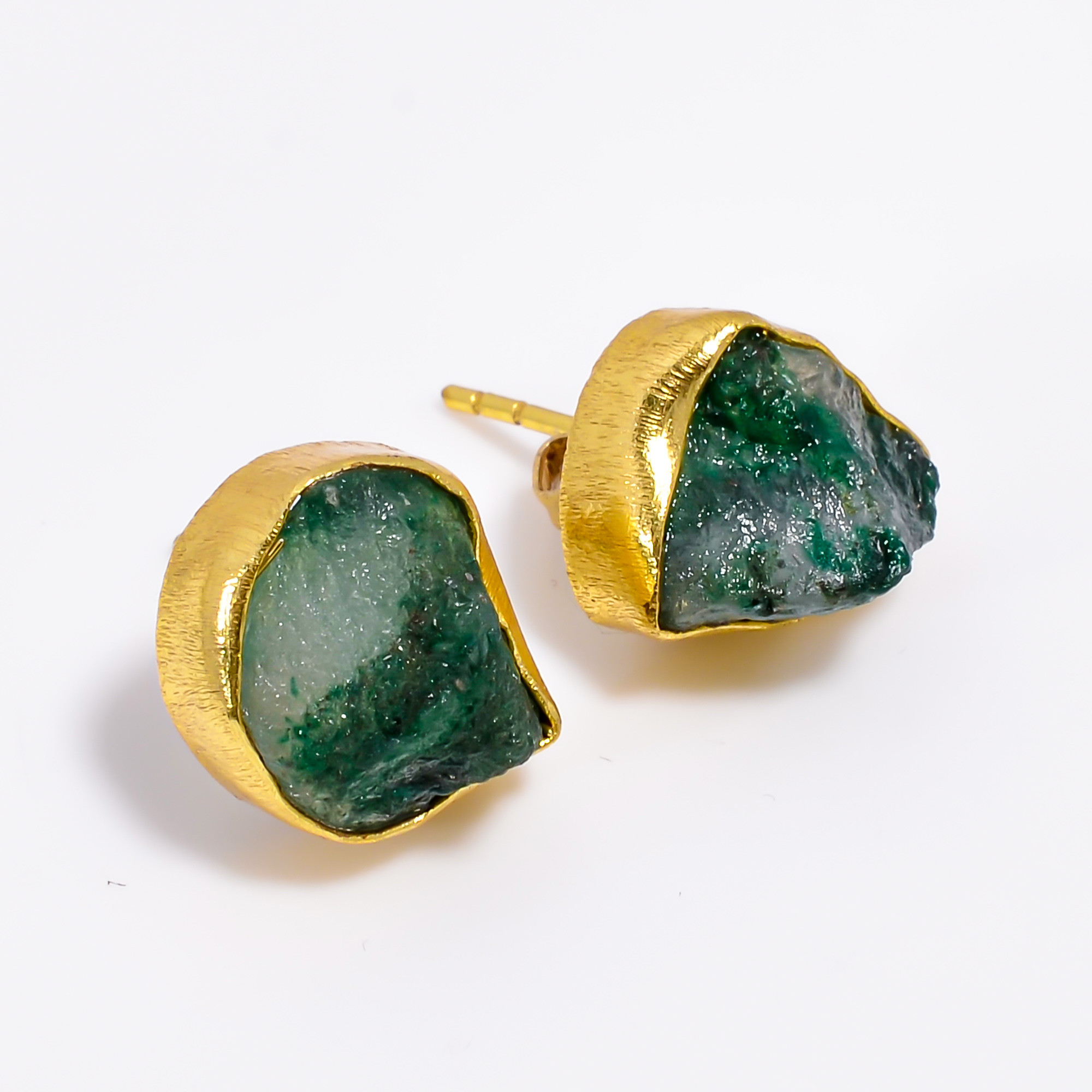 18K Gold Plated Earrings Natural Rough Green Aventurine Gemstone Stud Earrings
