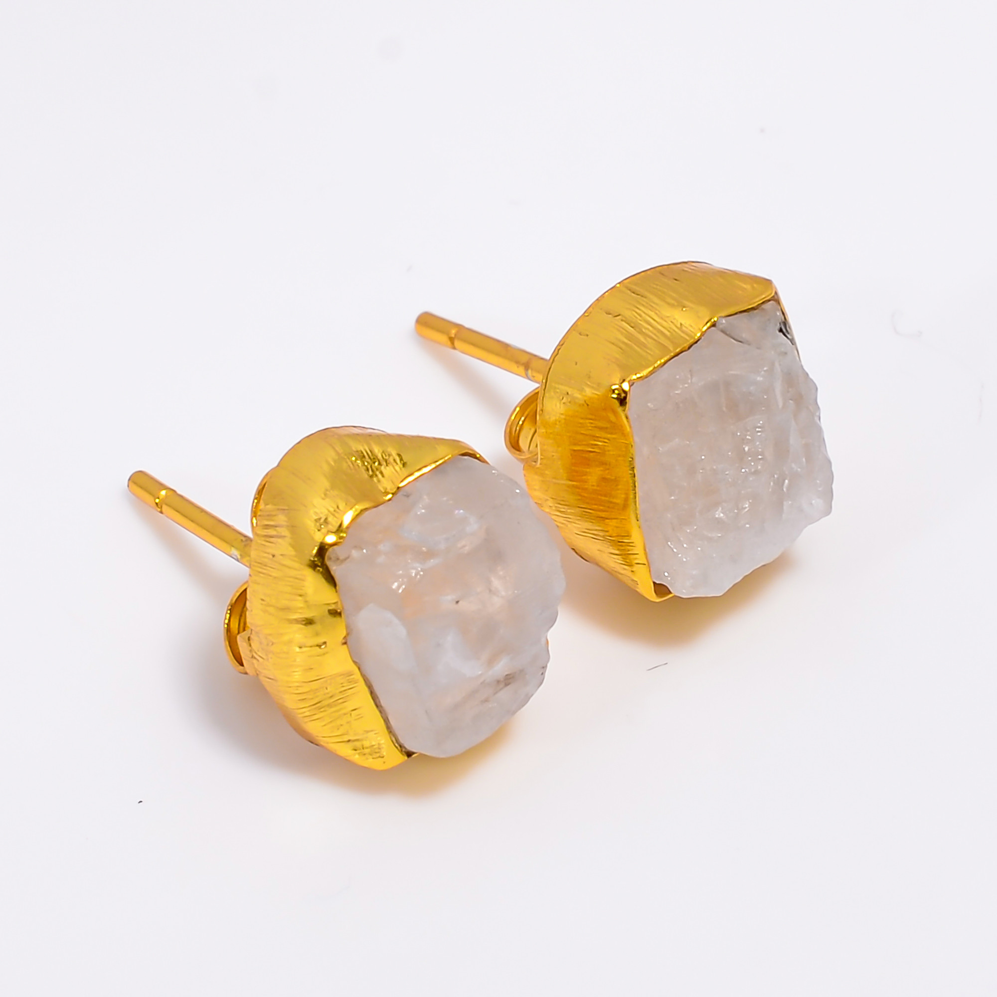 18K Gold Plated Earrings Natural Rough Rainbow Moonstone Stud Earrings