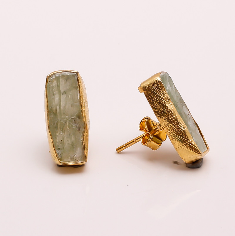 18K Gold Plated Earrings Natural Rough Green Kyanite Gemstone Stud Earrings