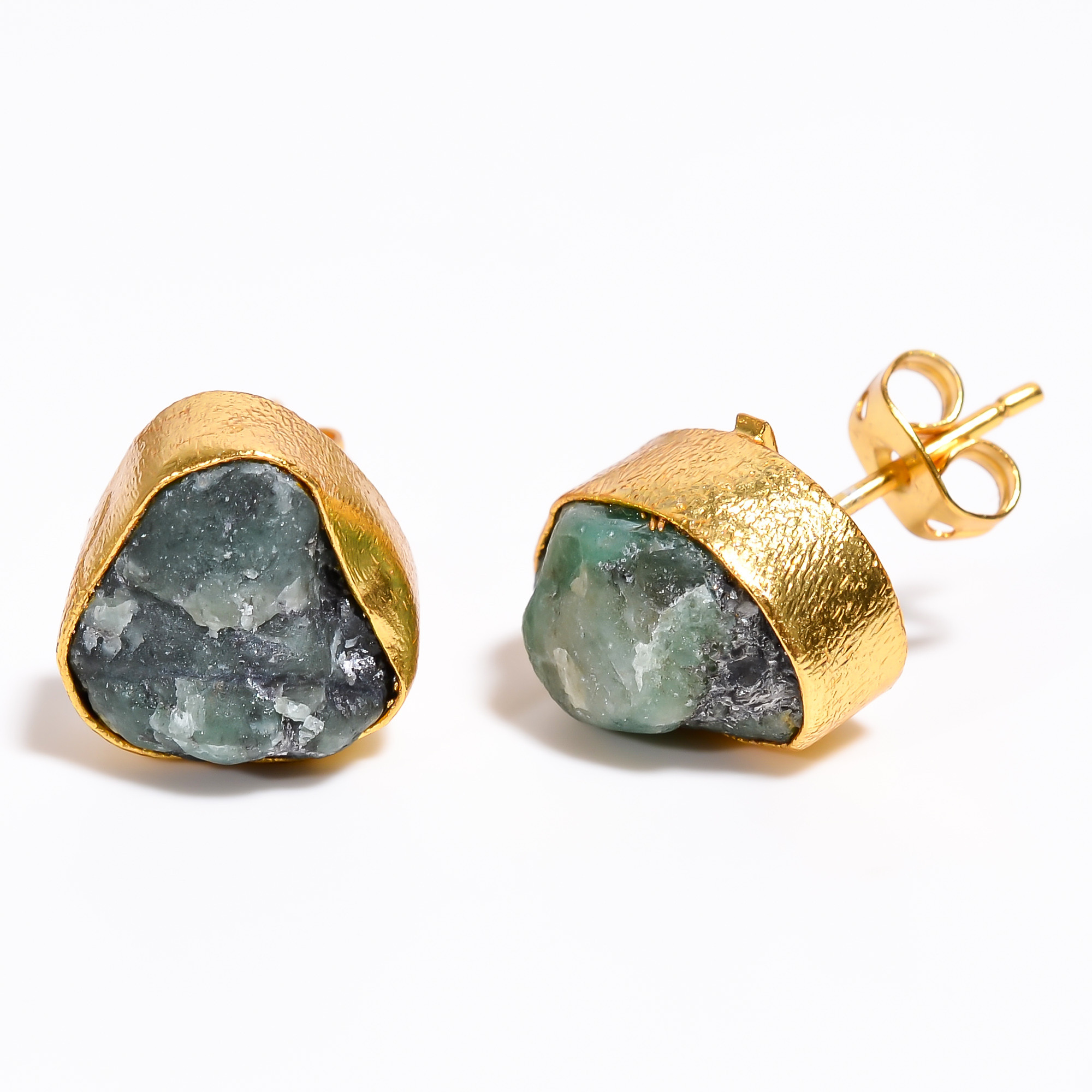 18K Gold Plated Earrings Natural Rough Emerald Gemstone Stud Earrings
