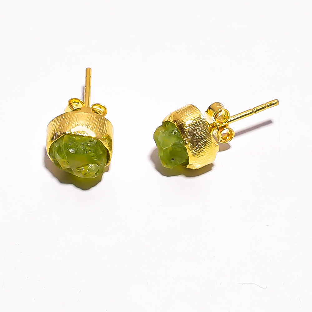 18K Gold Plated Earrings Natural Rough Peridot Gemstone Stud Earrings